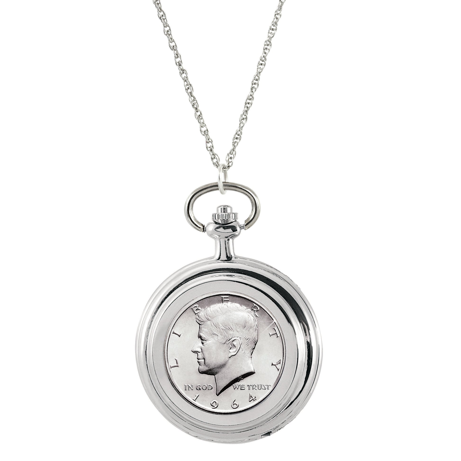 JFK 1964 First Year of Issue Half Dollar Coin Pocket Watch Coin Pendant Necklace