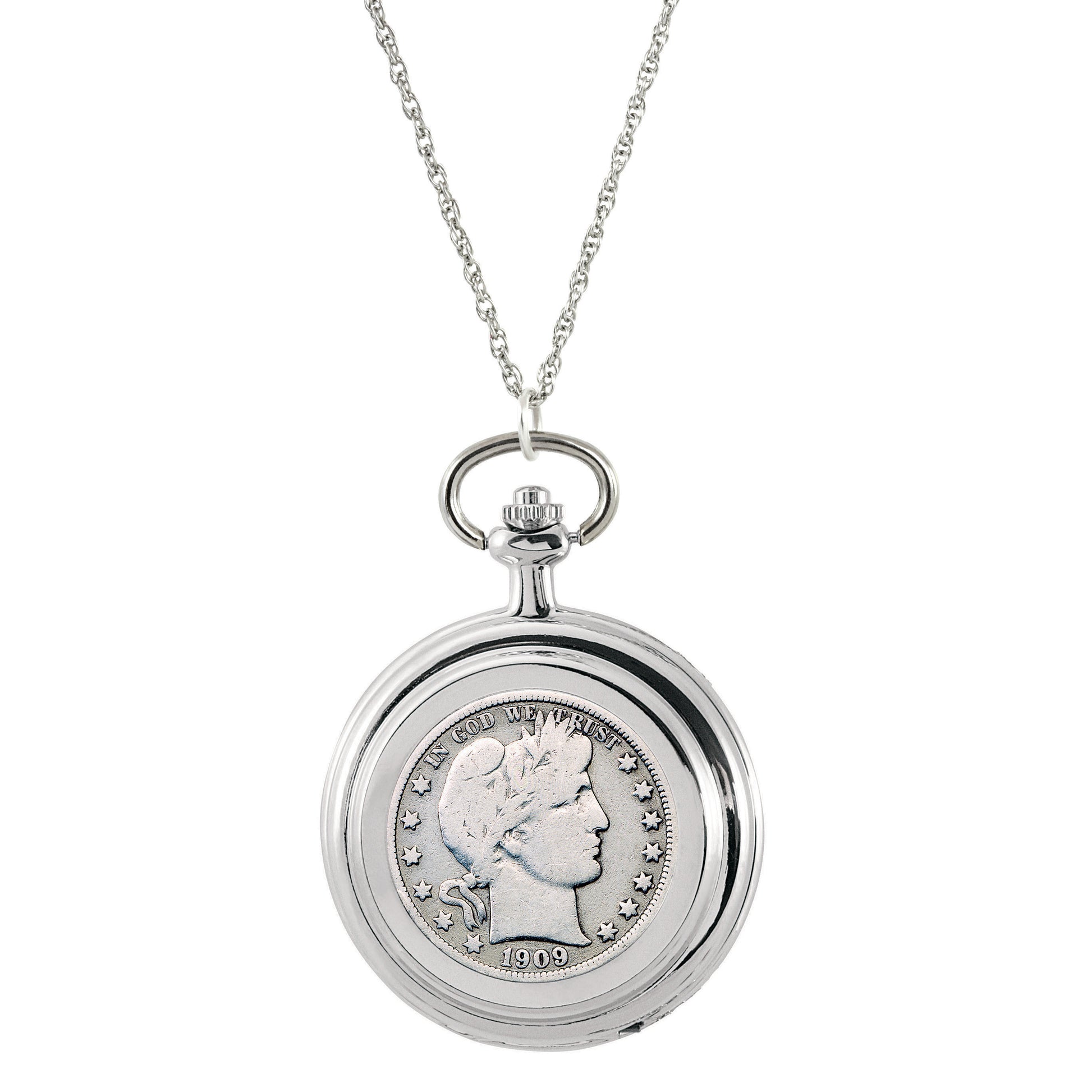 Silver Barber Half Dollar Coin Pocket Watch Coin Pendant Necklace