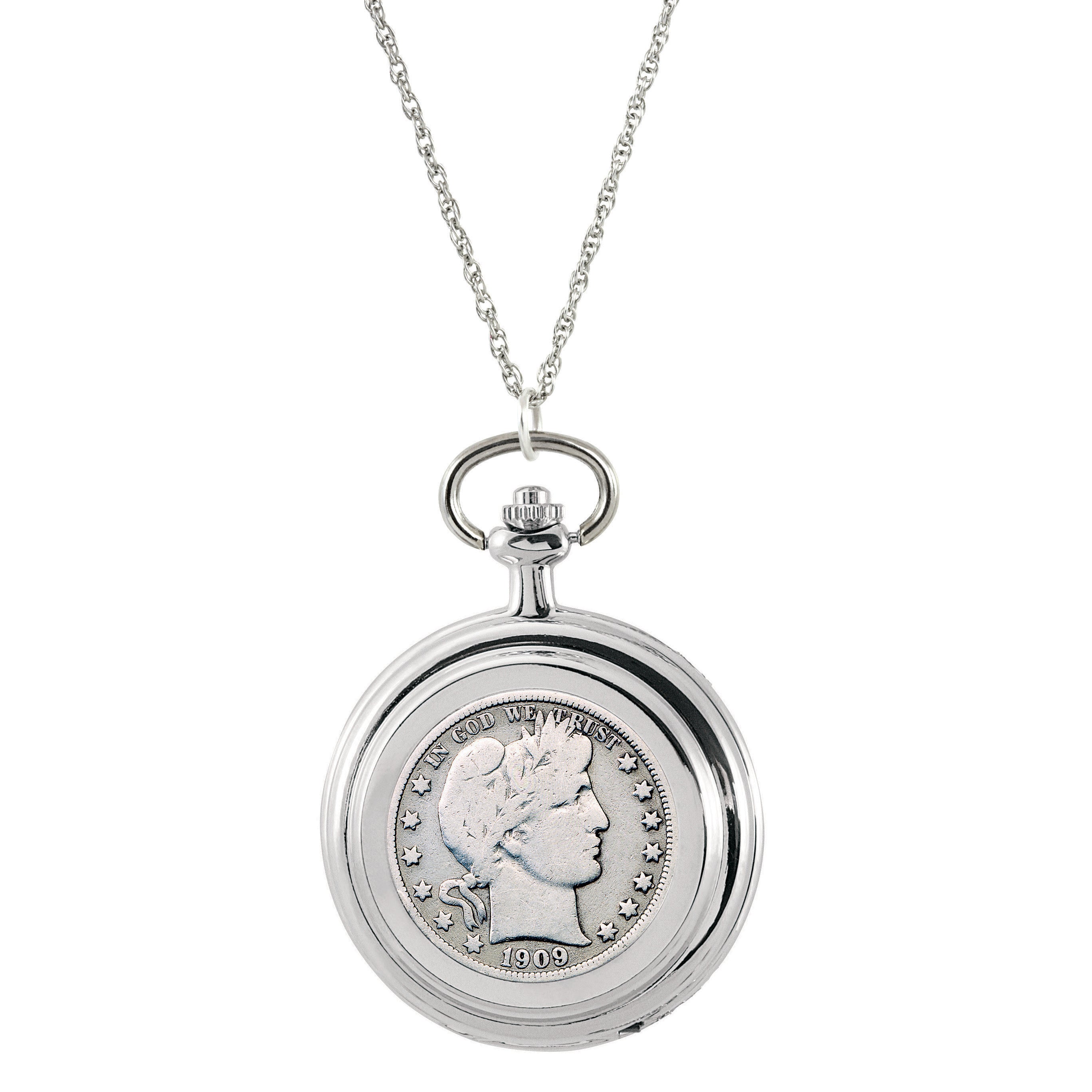 Silver Barber Half Dollar Coin Pocket Watch Coin Pendant Necklace