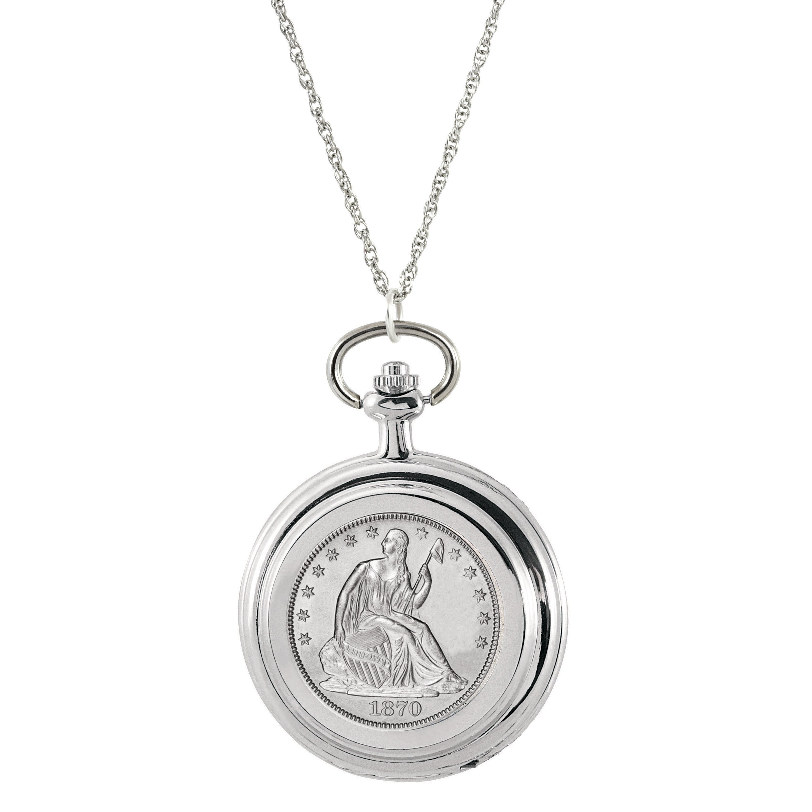 Silver Seated Liberty Half Dollar Coin Pocket Watch Coin Pendant Necklace