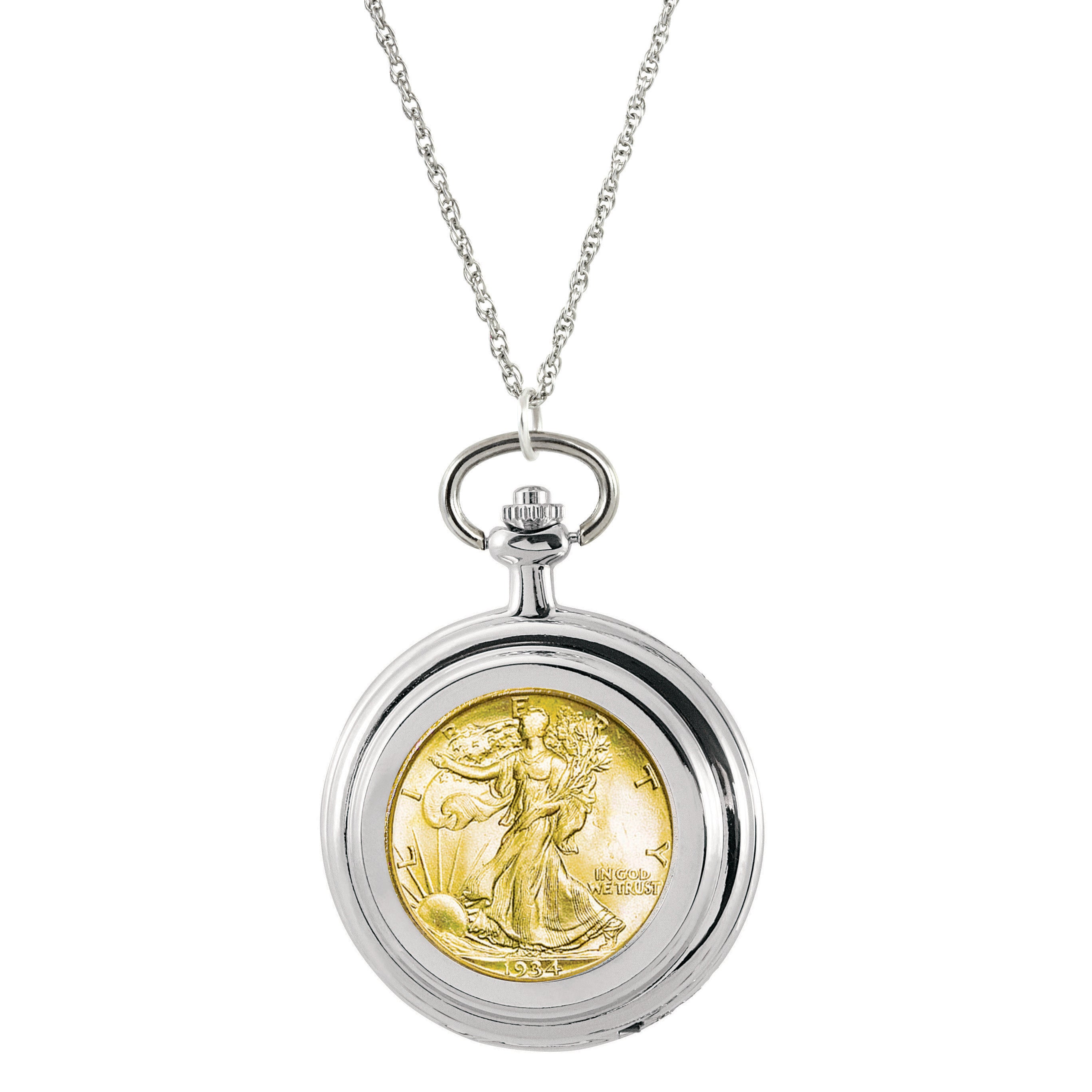 Gold-Layered Silver Walking Liberty Half Dollar Coin Pocket Watch Coin Pendant Necklace