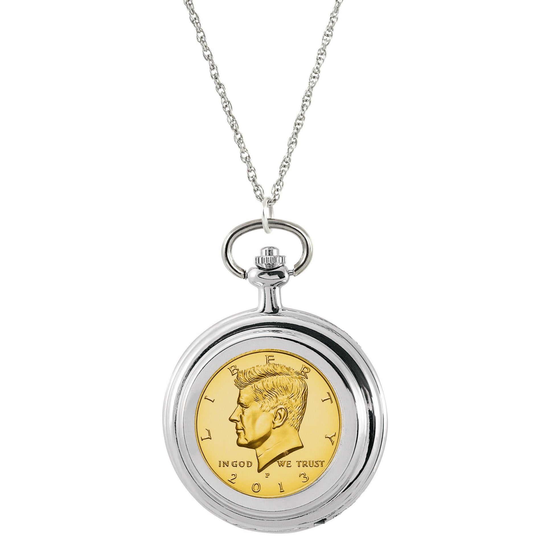 Gold-Layered JFK Half Dollar Coin Pocket Watch Coin Pendant Necklace