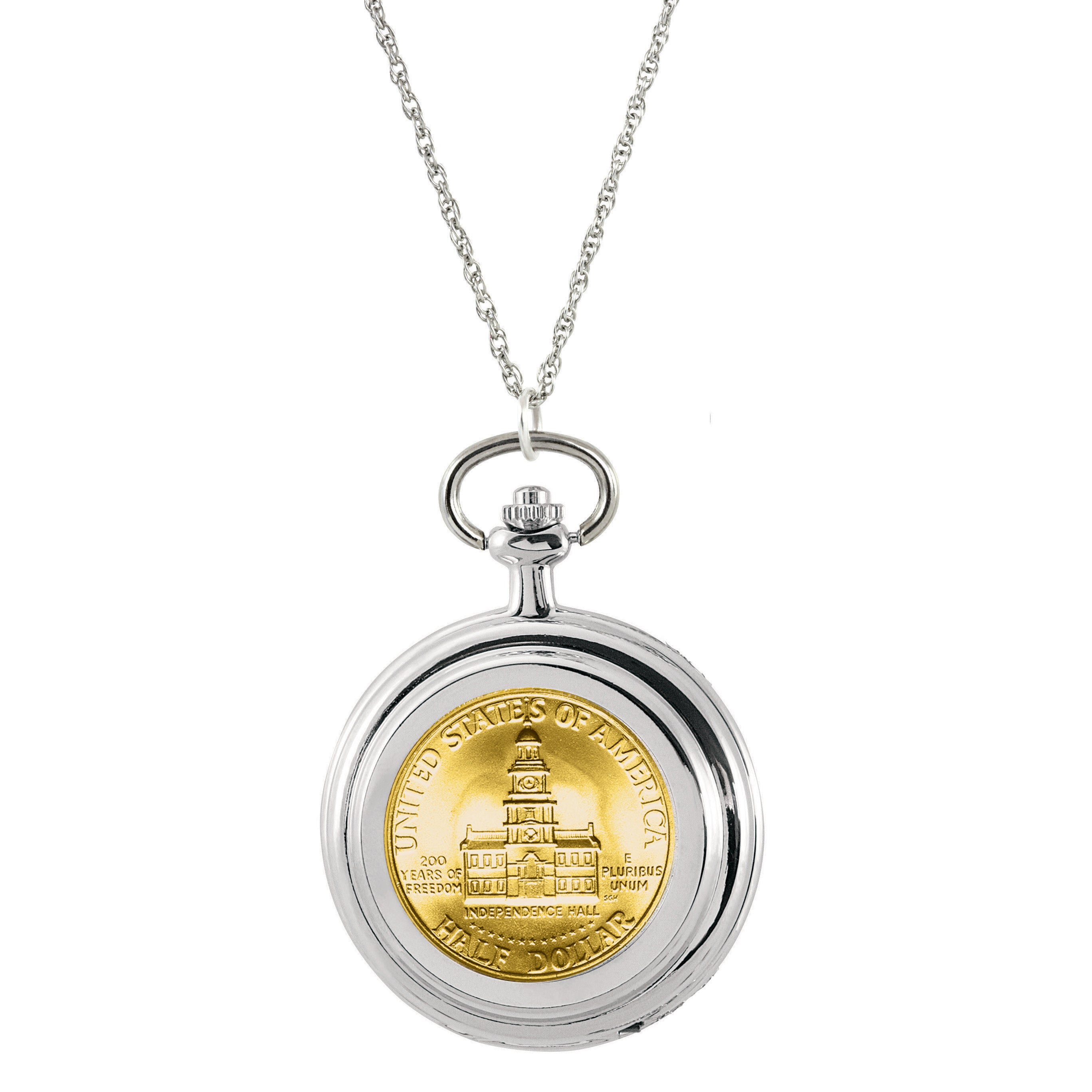 Gold-Layered JFK Bicentennial Half Dollar Coin Pocket Watch Coin Pendant Necklace
