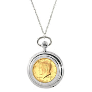 Gold-Layered JFK 1964 First Year of Issue Half Dollar Coin Pocket Watch Coin Pendant Necklace