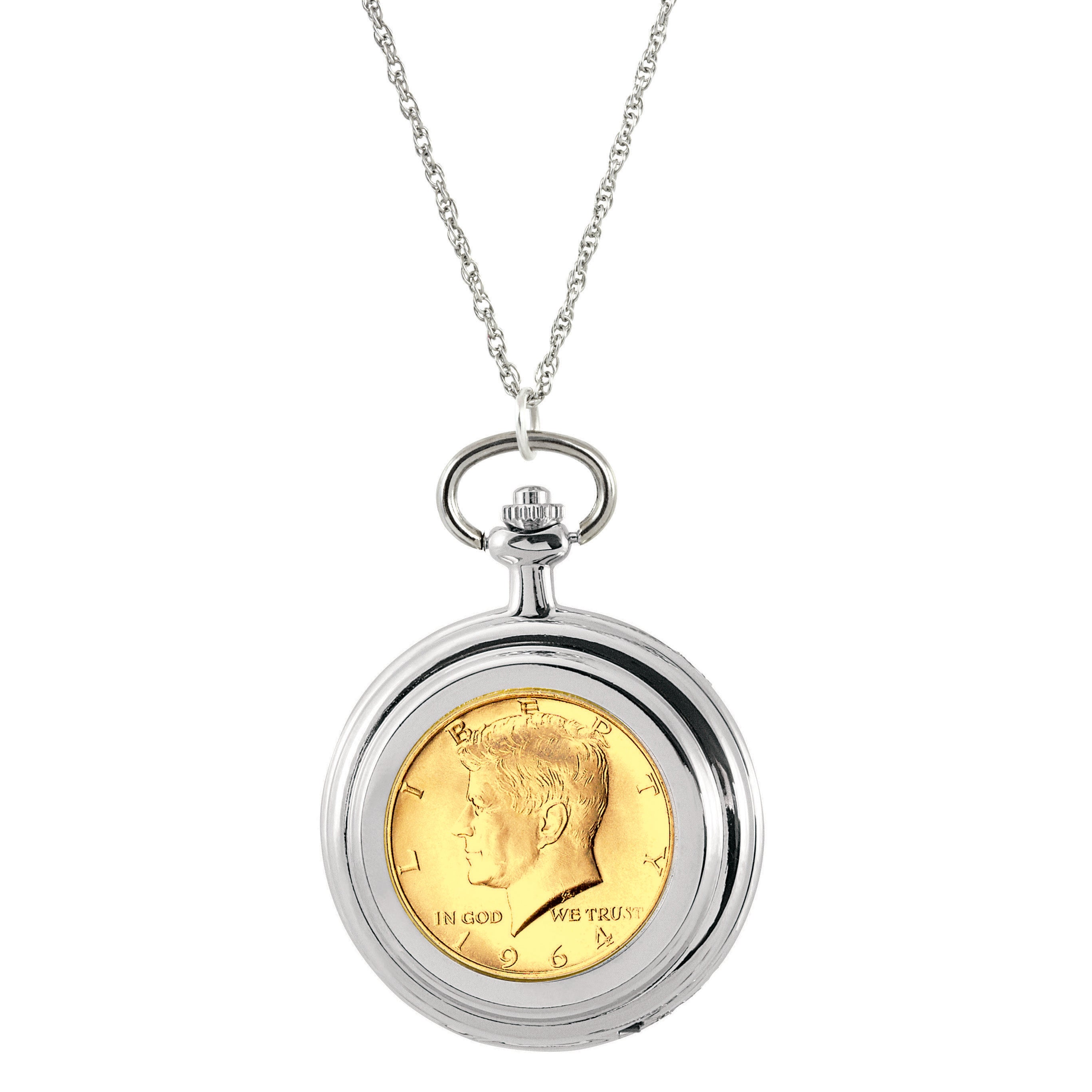 Gold-Layered JFK 1964 First Year of Issue Half Dollar Coin Pocket Watch Coin Pendant Necklace