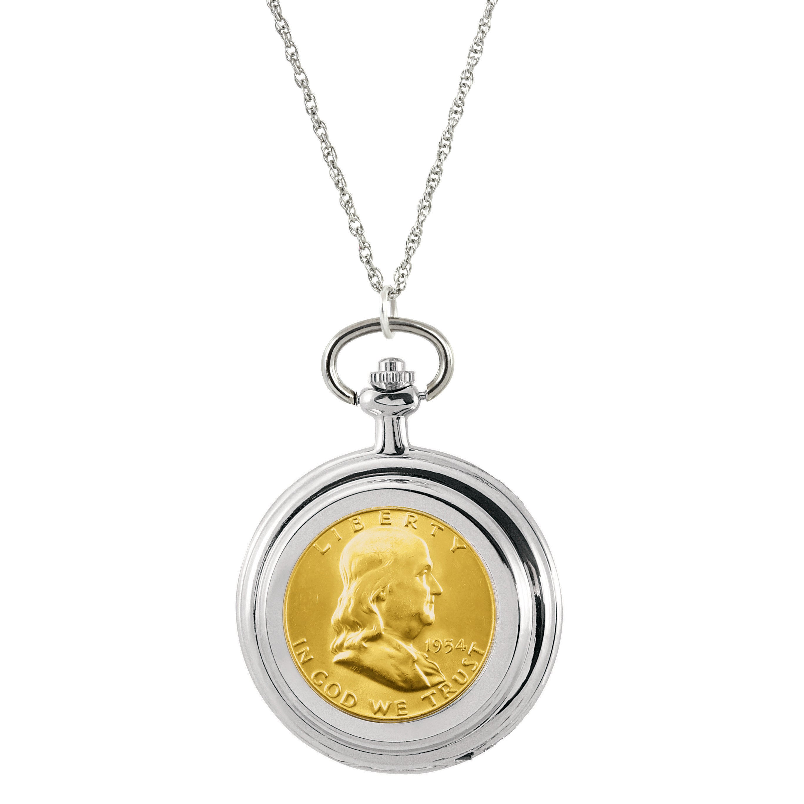 Gold-Layered Silver Franklin Half Dollar Coin Pocket Watch Coin Pendant Necklace