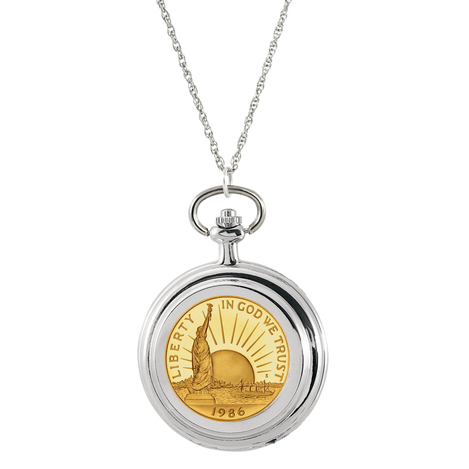Gold-Layered Statue of Liberty Commemorative Half Dollar Coin Pocket Watch Coin Pendant Necklace