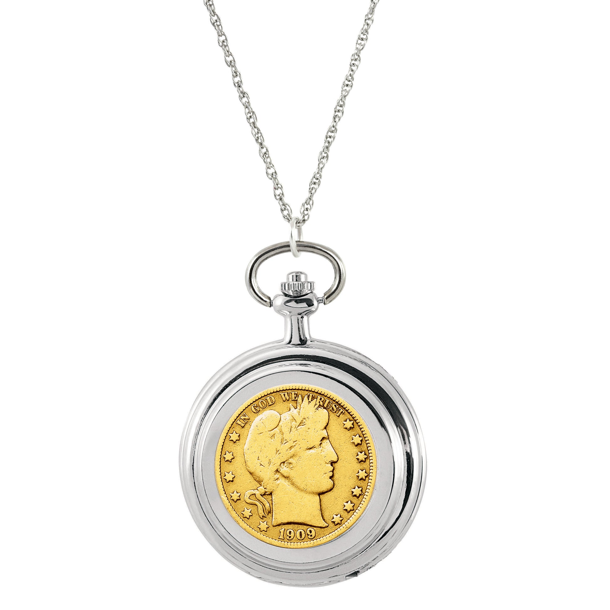 Gold-Layered Silver Barber Half Dollar Coin Pocket Watch Coin Pendant Necklace