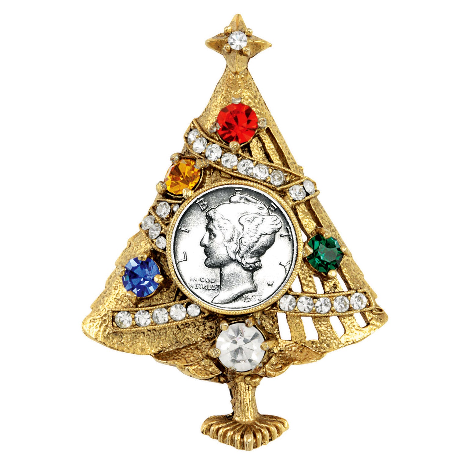 Silver Mercury Dime Christmas Tree Brooch