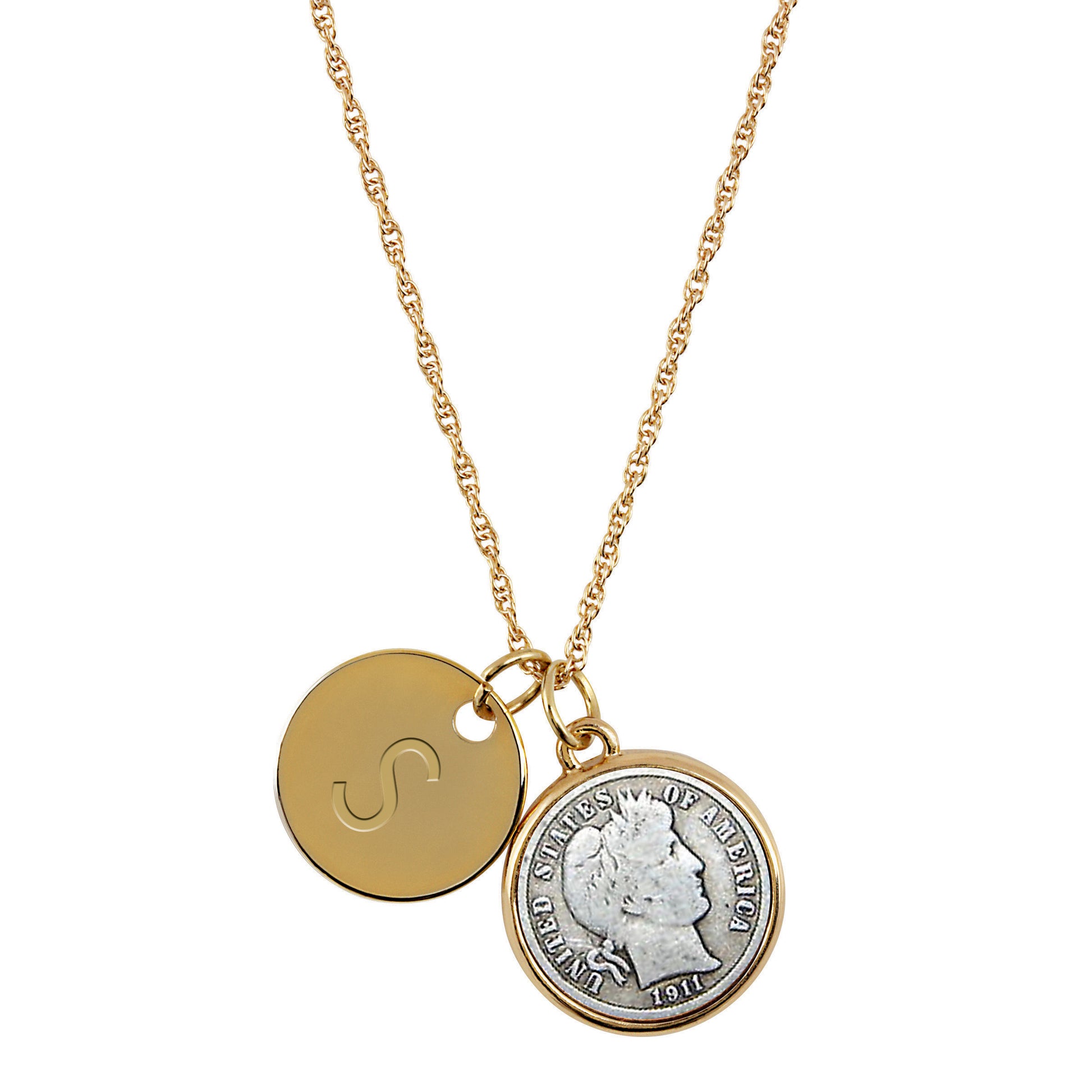 Silver Barber Dime with Personalized Disc Charm Goldtone Coin Pendant Necklace