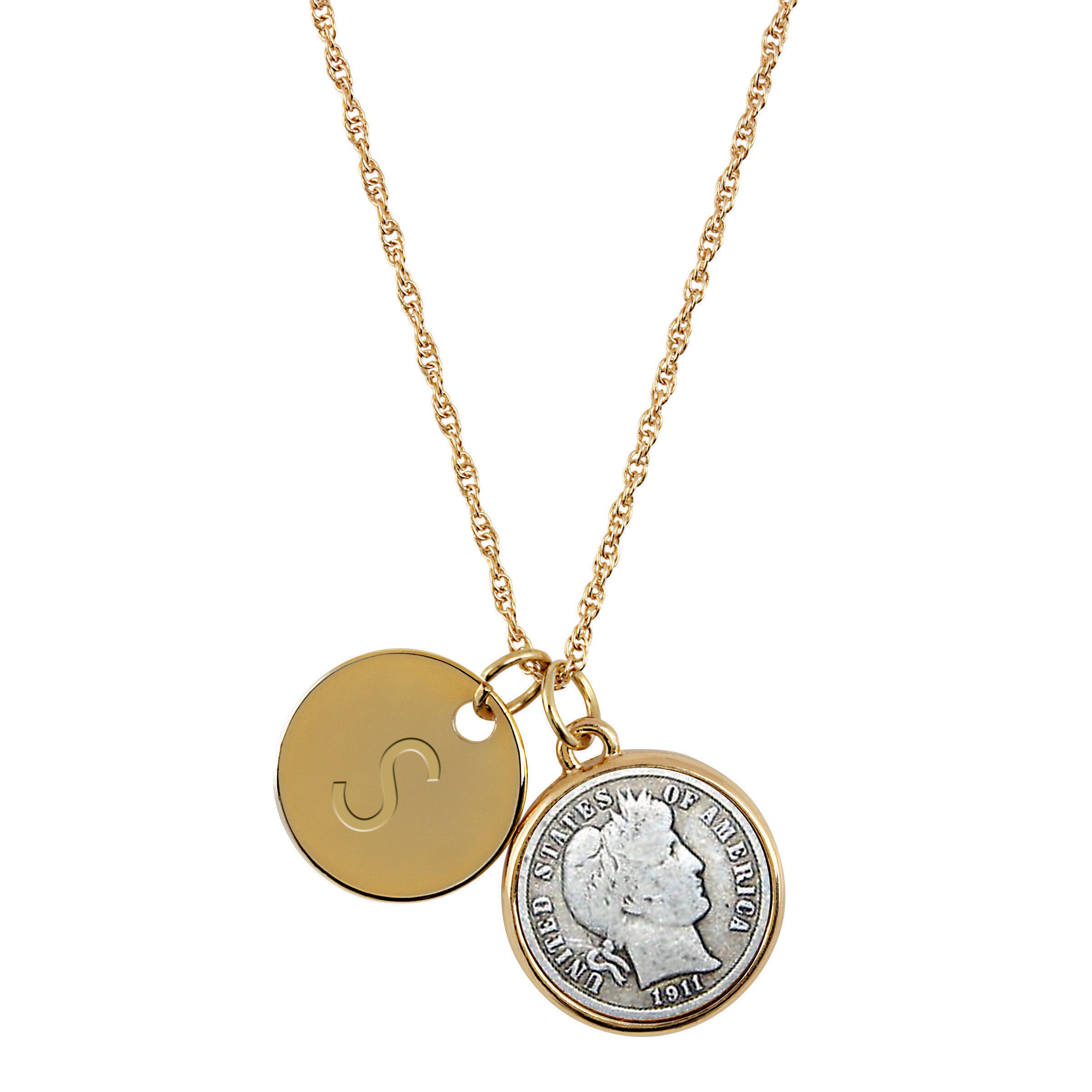 Silver Barber Dime with Personalized Disc Charm Goldtone Coin Pendant Necklace