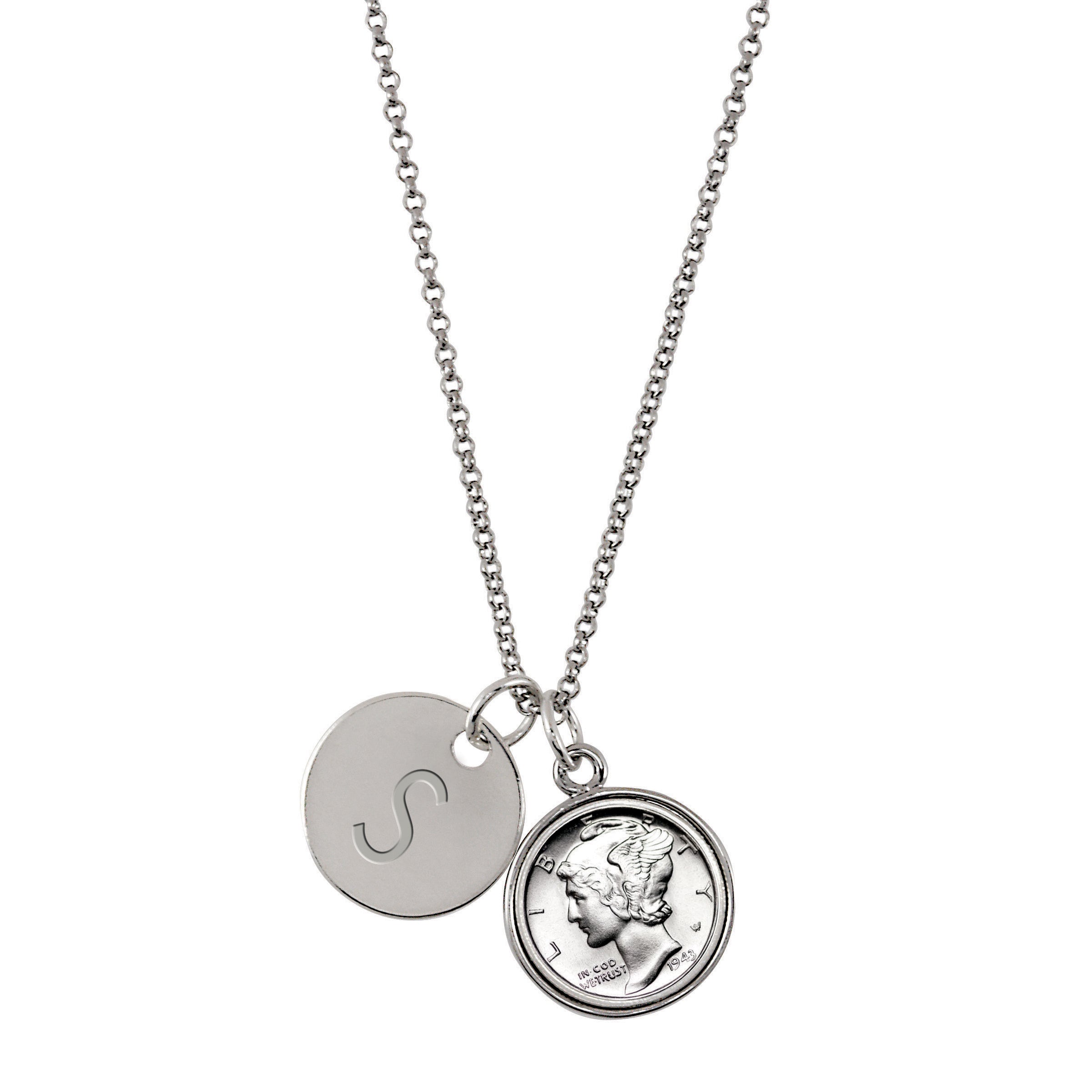 Silver Mercury Dime with Personalized Disc Charm Silvertone Coin Pendant Necklace