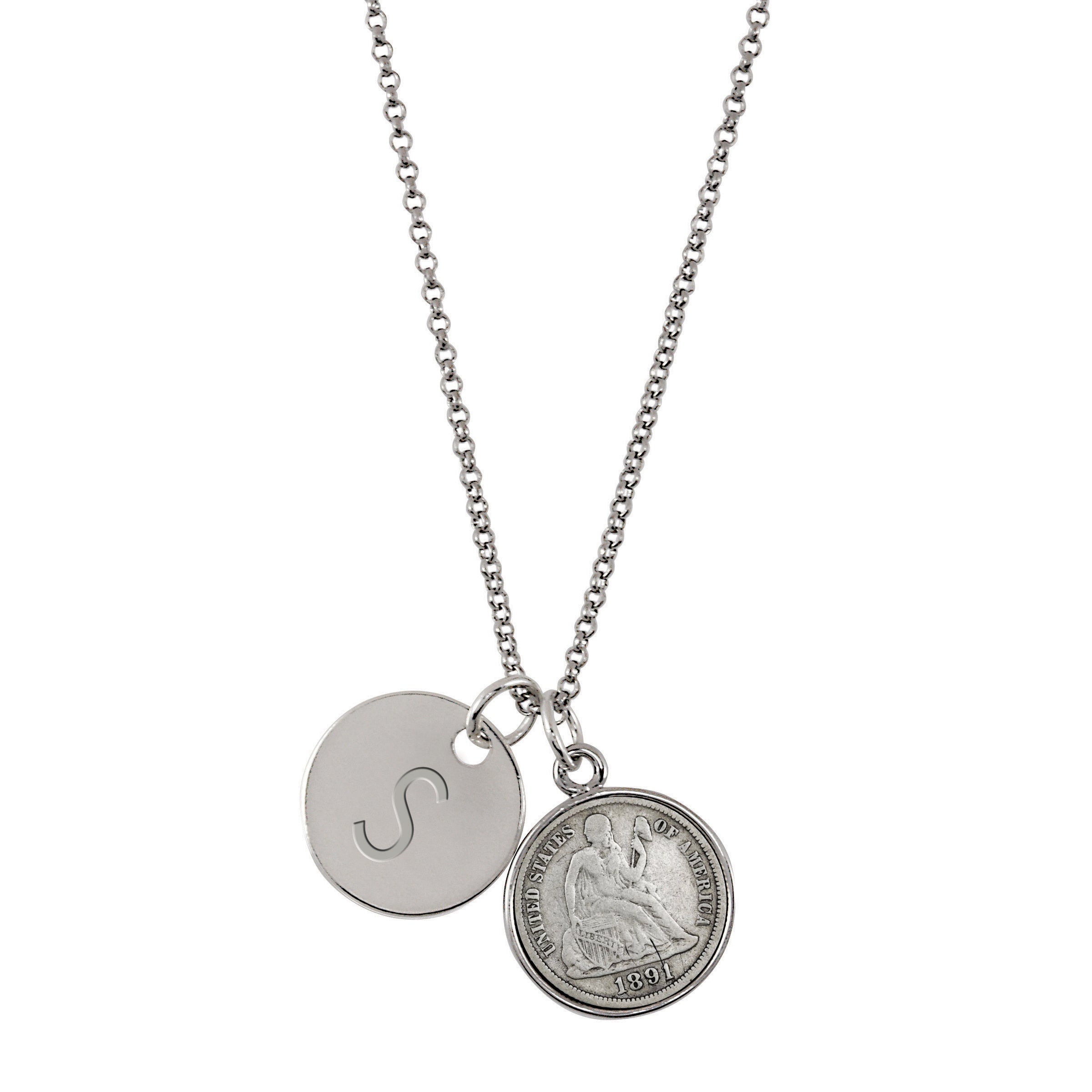 Silver Seated Liberty Dime with Personalized Disc Charm Silvertone Coin Pendant Necklace