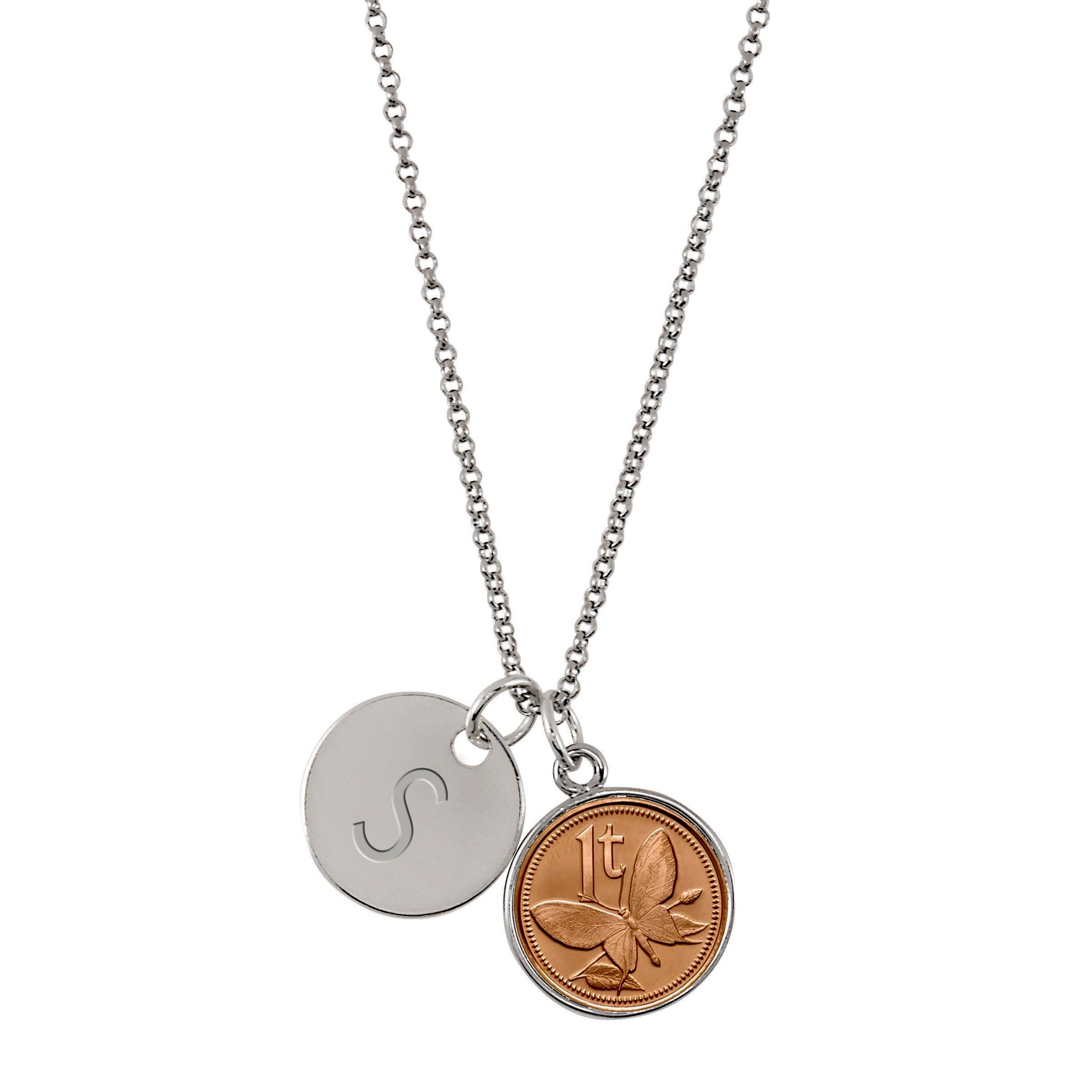 Butterfly Coin with Personalized Disc Charm Silvertone Pendant Necklace