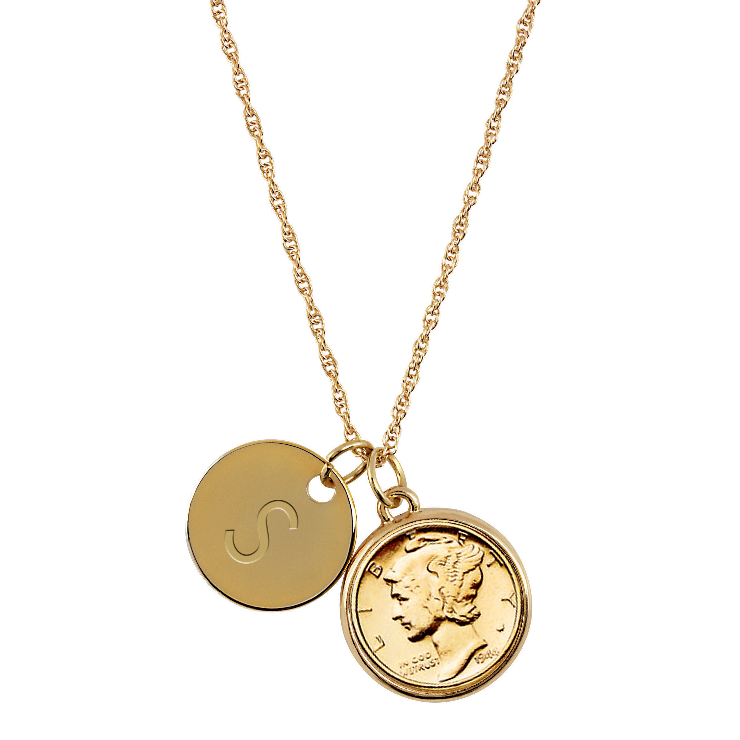 Gold-Layered Silver Mercury Dime with Personalized Disc Charm Goldtone Coin Pendant Necklace