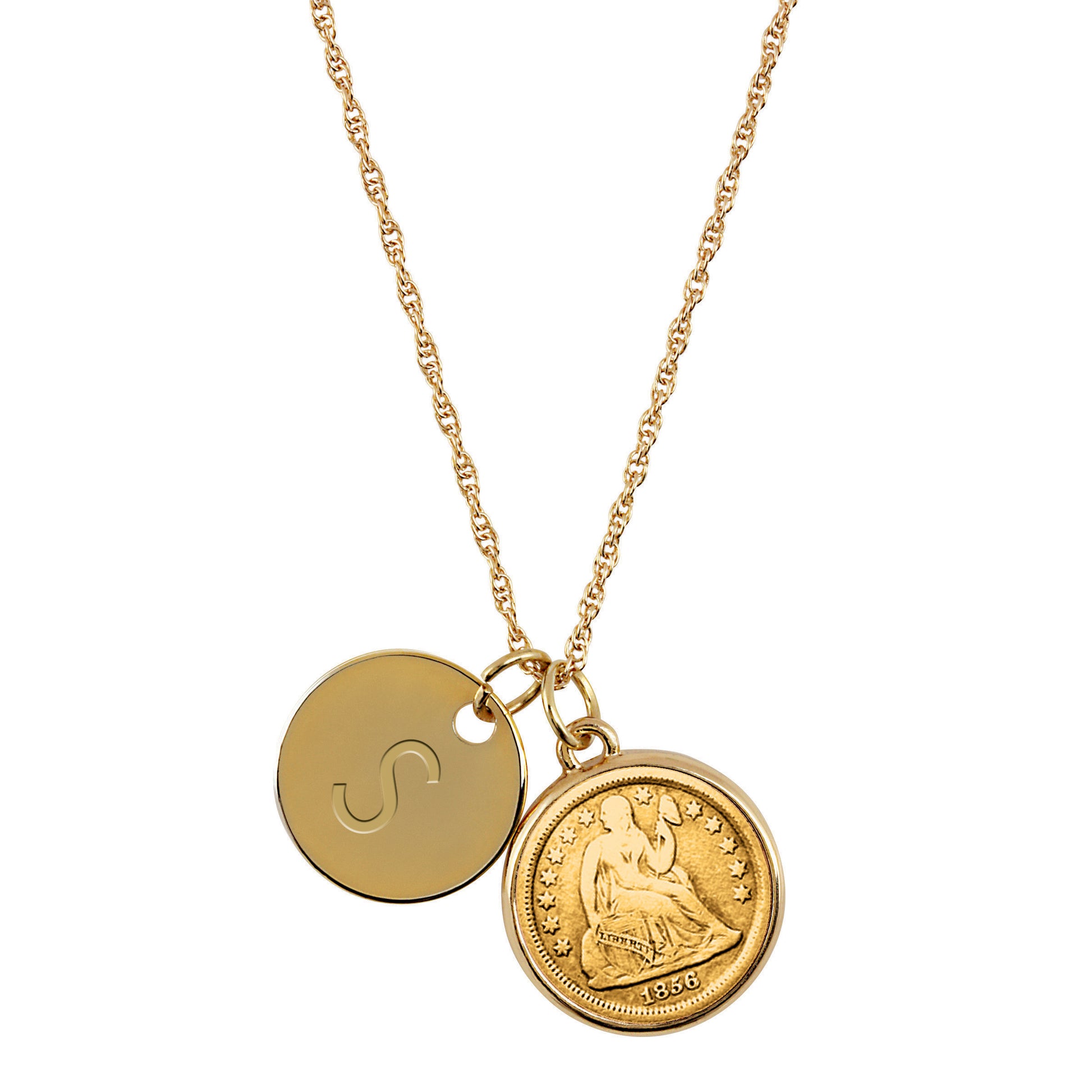 Gold-Layered Silver Seated Liberty Dime with Personalized Disc Charm Goldtone Coin Pendant Necklace