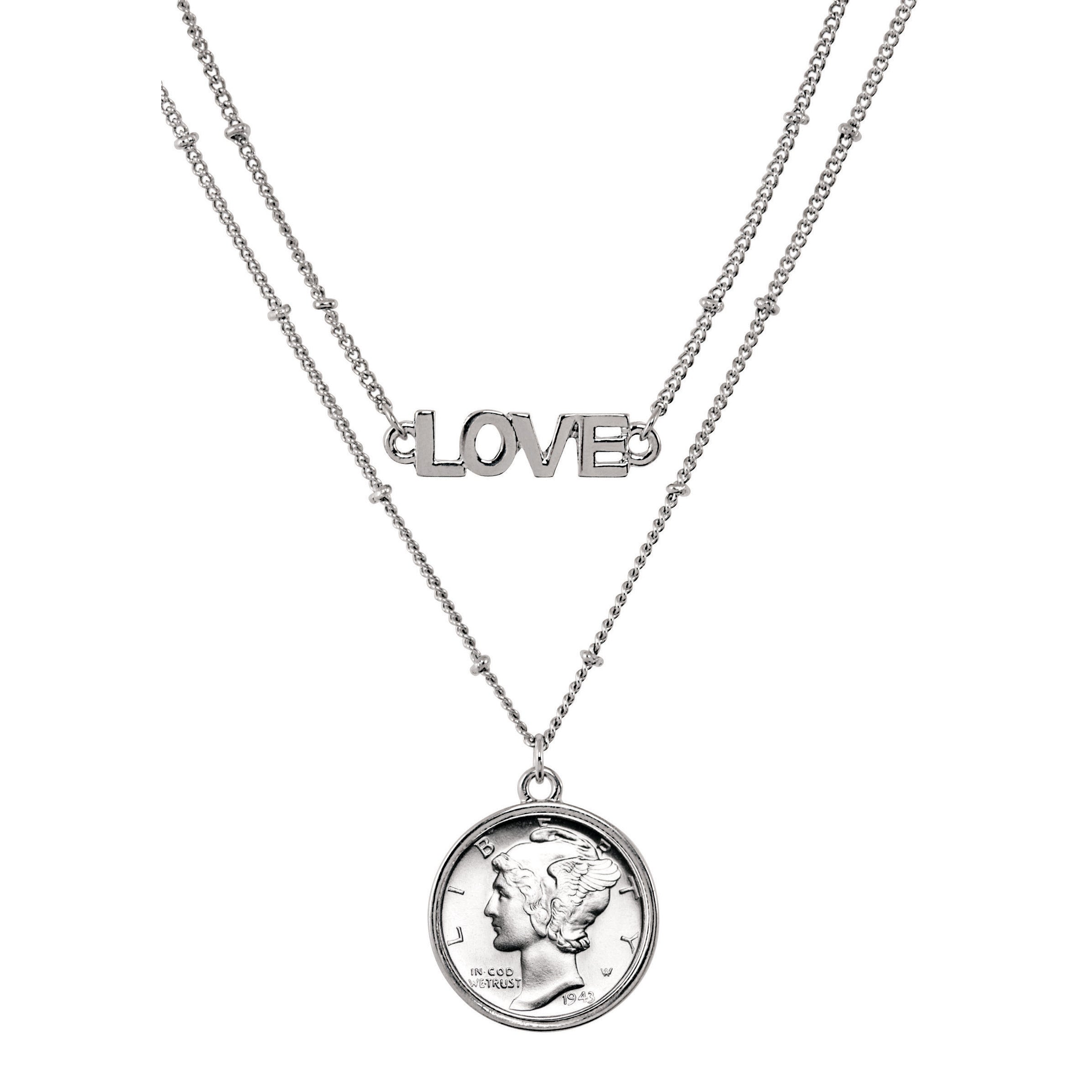 Silver Mercury Dime Coin Double Strand Love Necklace