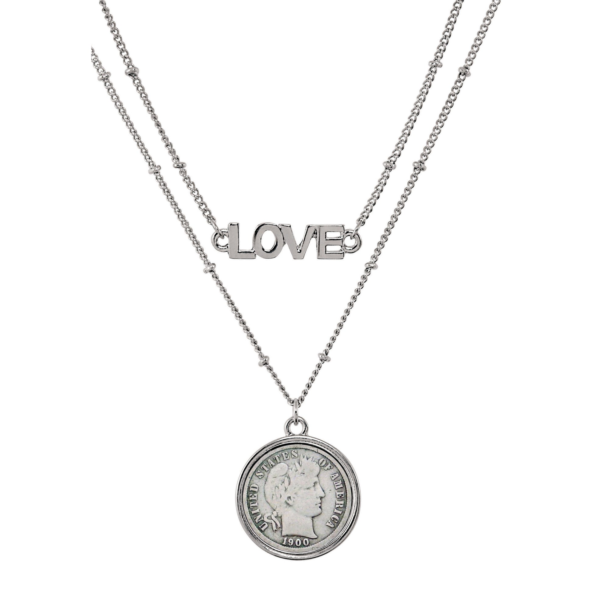 Silver Barber Dime Coin Double Strand Love Necklace