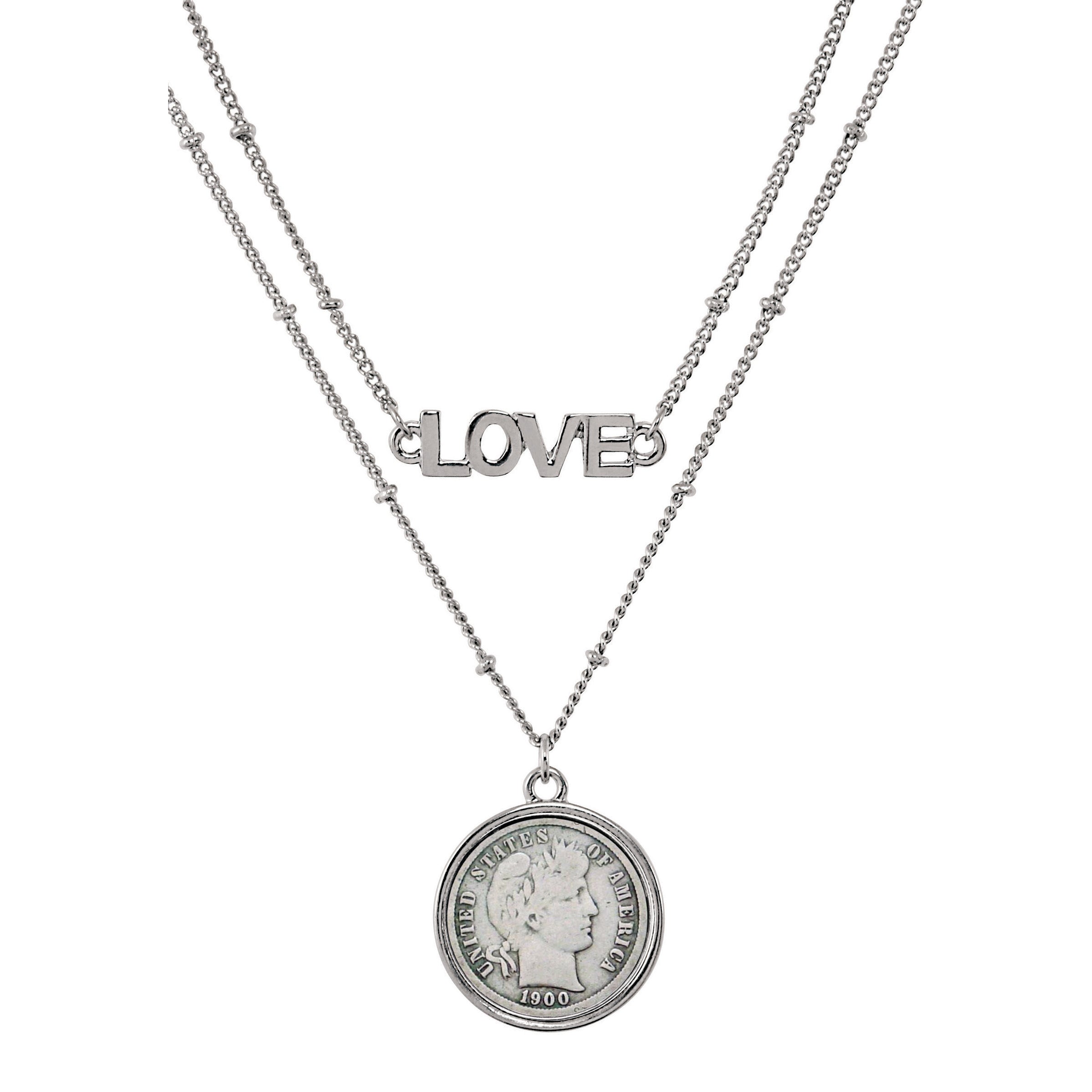 Silver Barber Dime Coin Double Strand Love Necklace