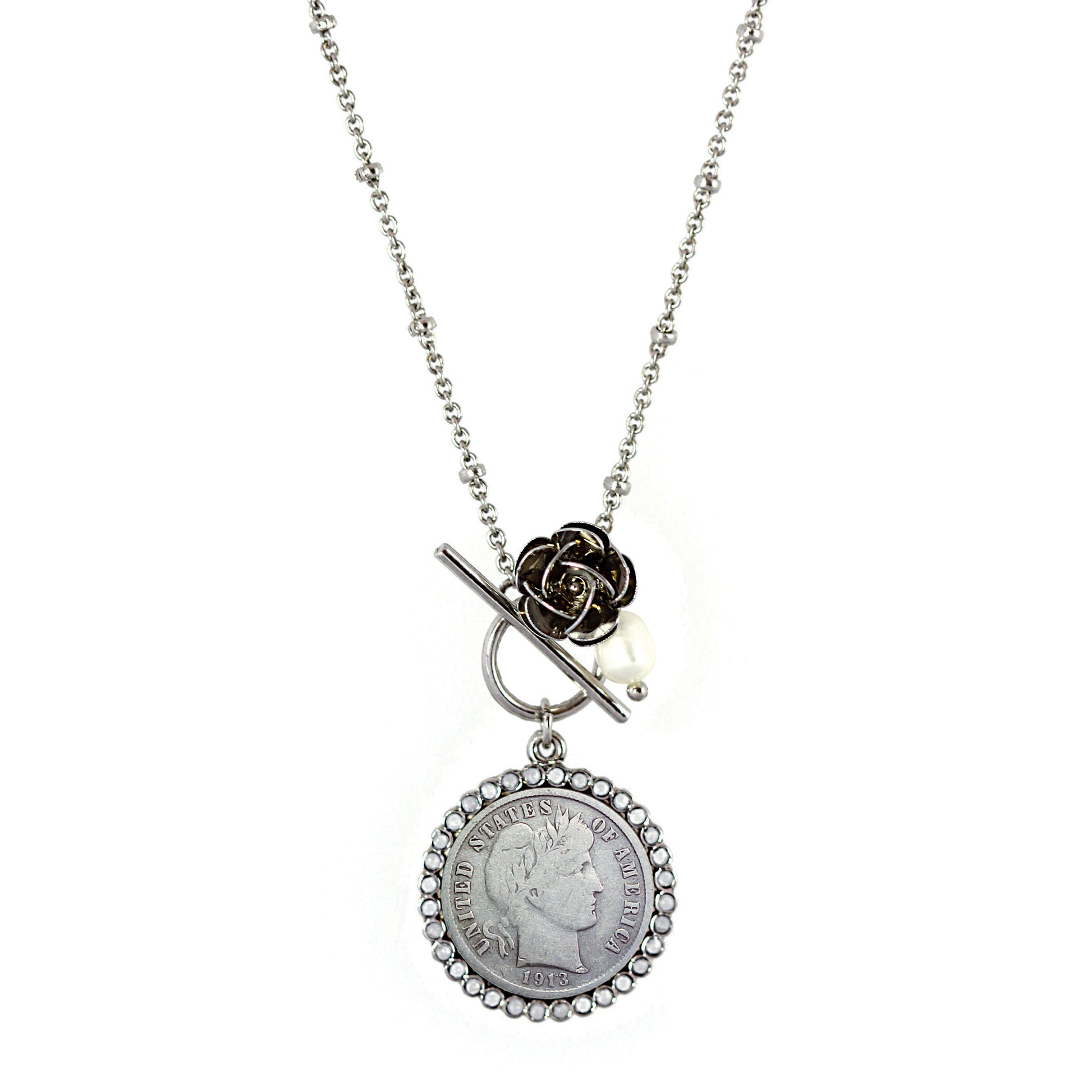 Silver Barber Dime and Rose Silvertone Toggle Pendant