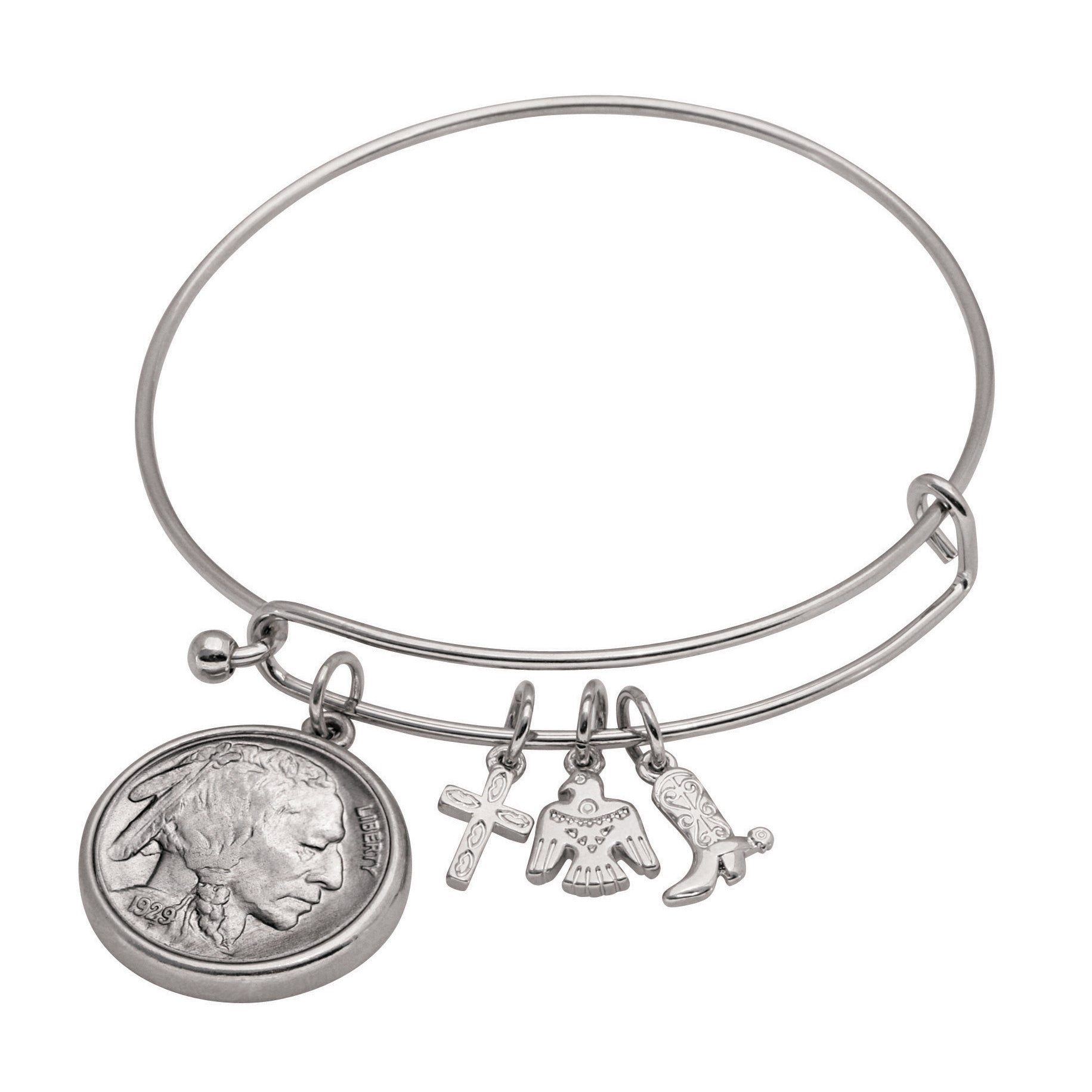 Western Charm Silver Tone Buffalo Nickel Obverse Coin Bangle Bracelet
