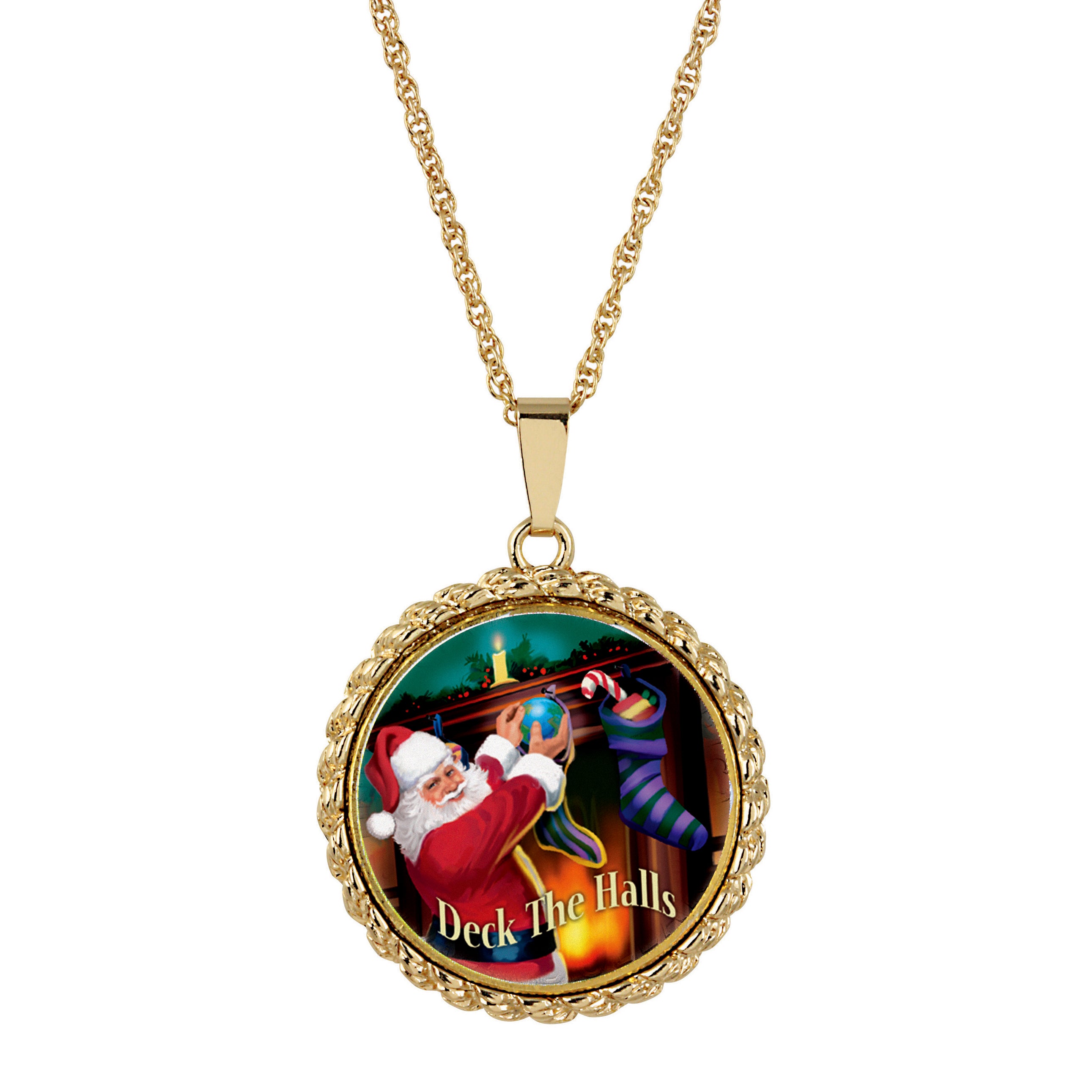 Santa Colorized Colorized Half Dollar Gold Tone Rope Bezel Pendant