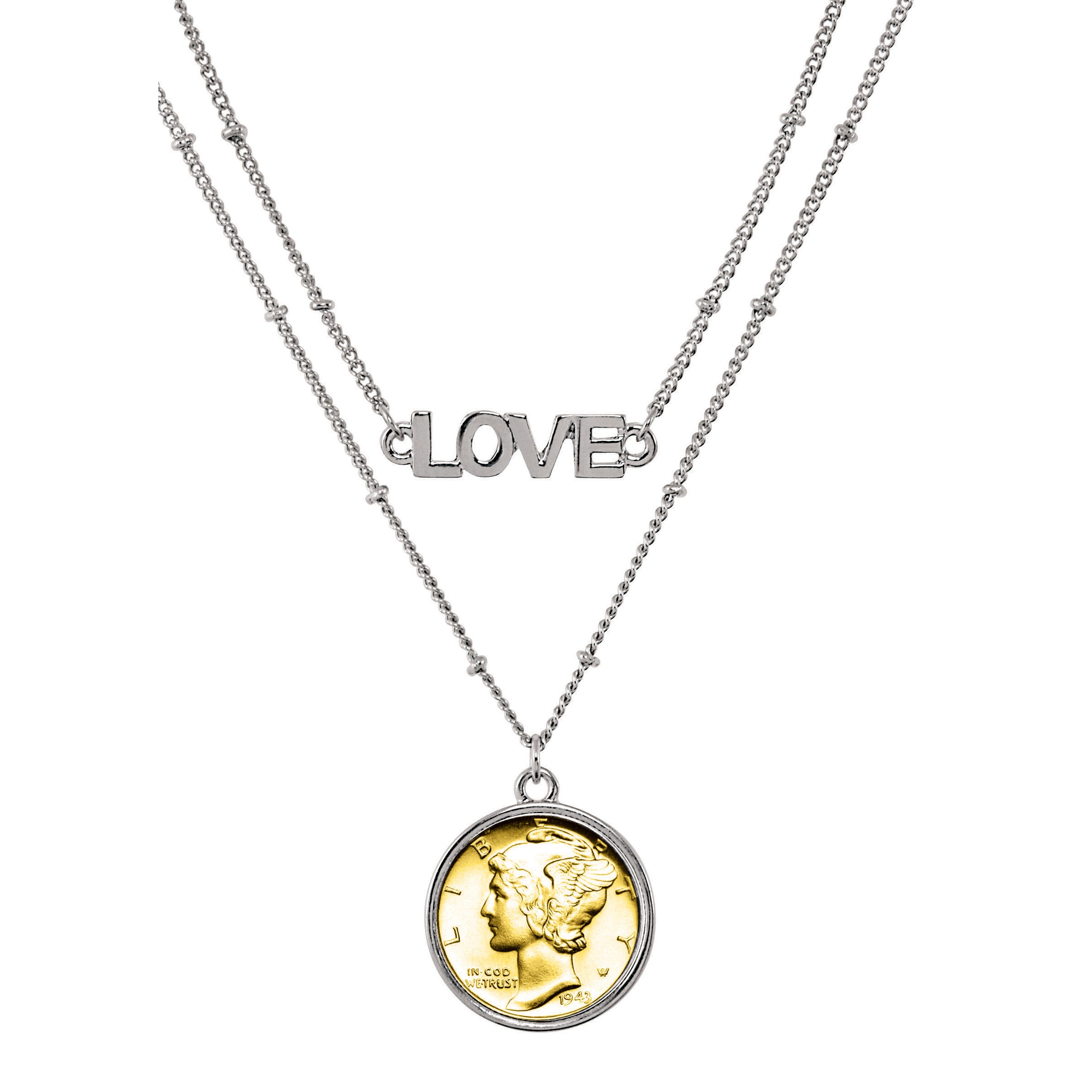 Gold Layered Silver Mercury Dime Coin Double Strand Love Necklace