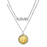 Gold Layered Silver Barber Dime Coin Double Strand Love Necklace