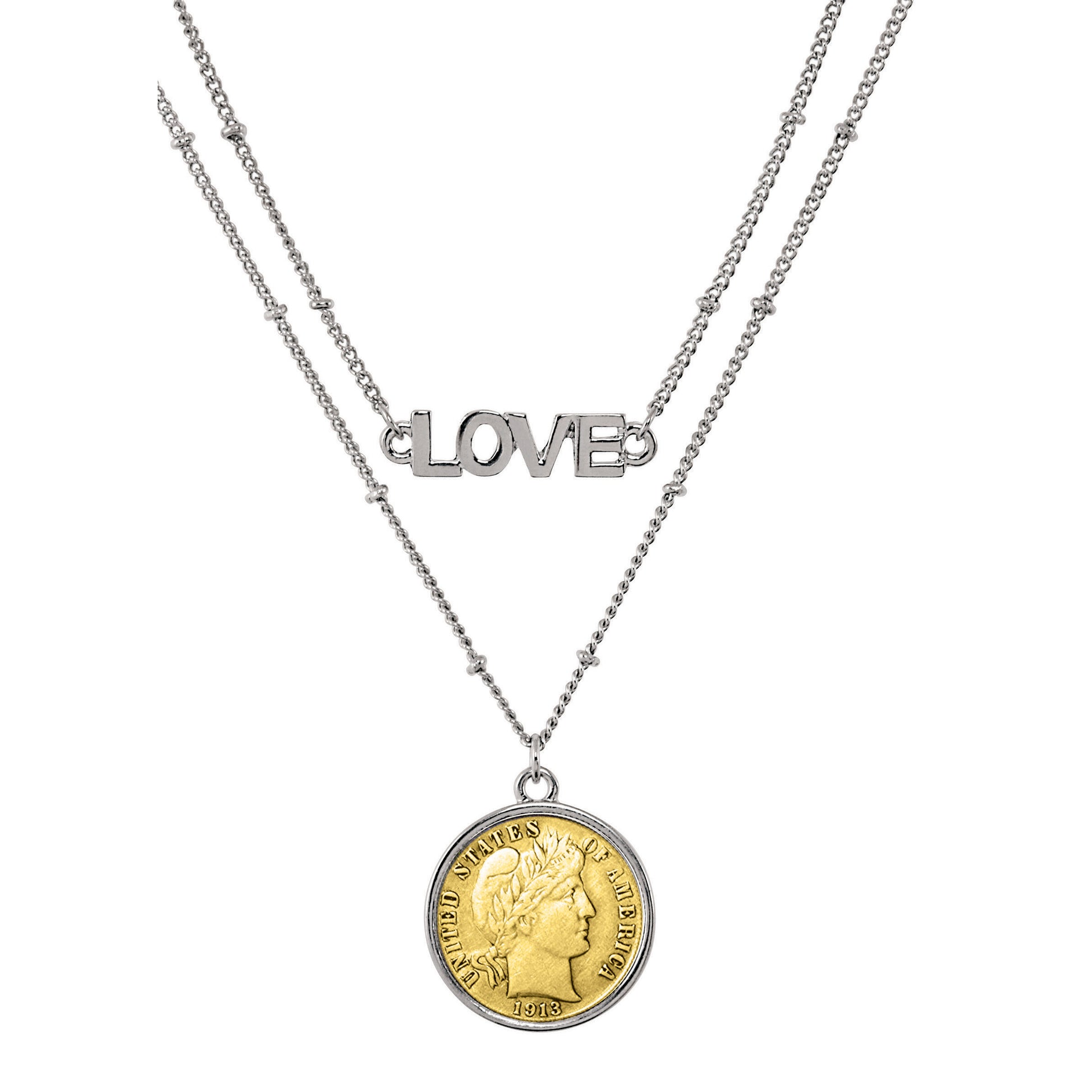 Gold Layered Silver Barber Dime Coin Double Strand Love Necklace