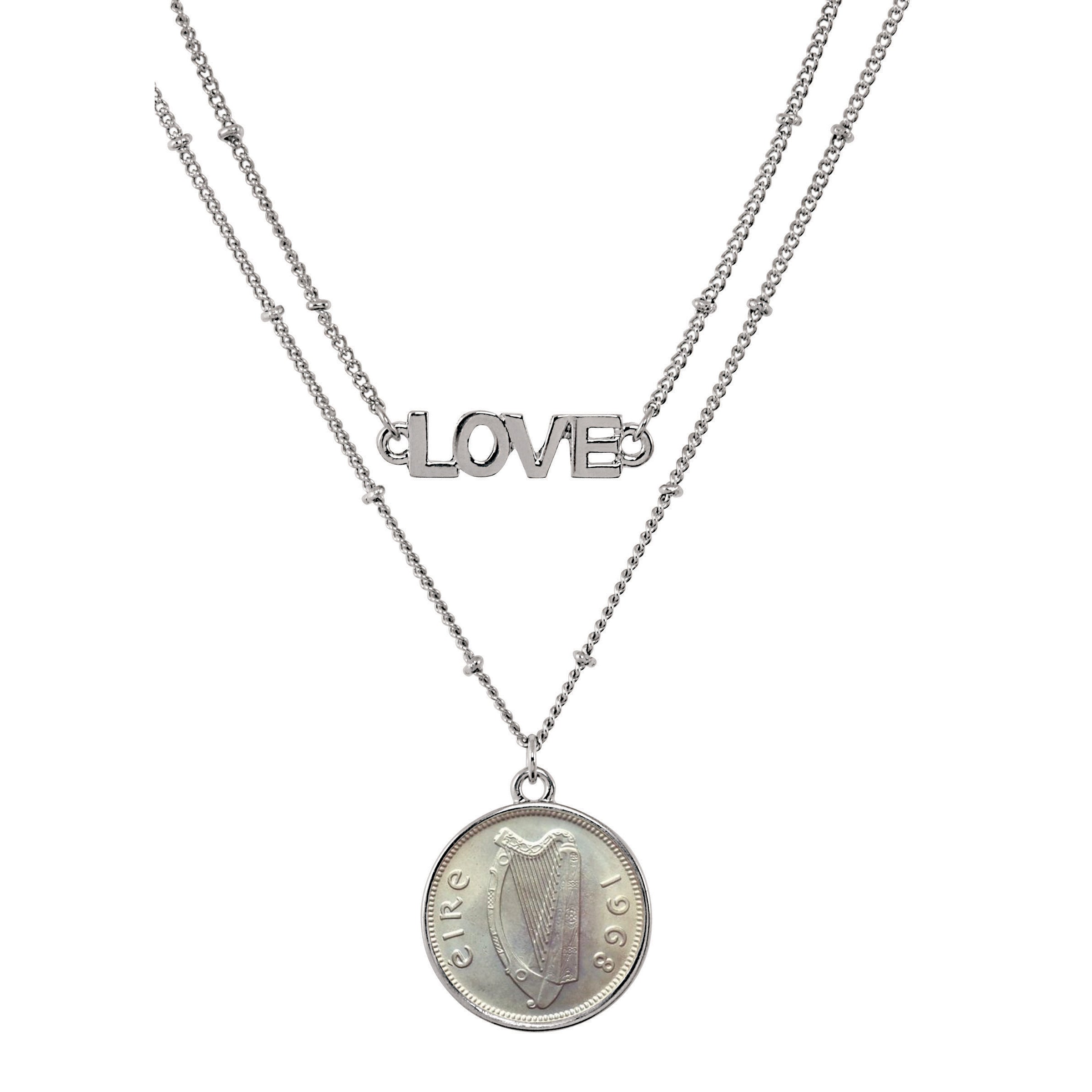 Irish Three Pence Harp Coin Double Strand Love Necklace