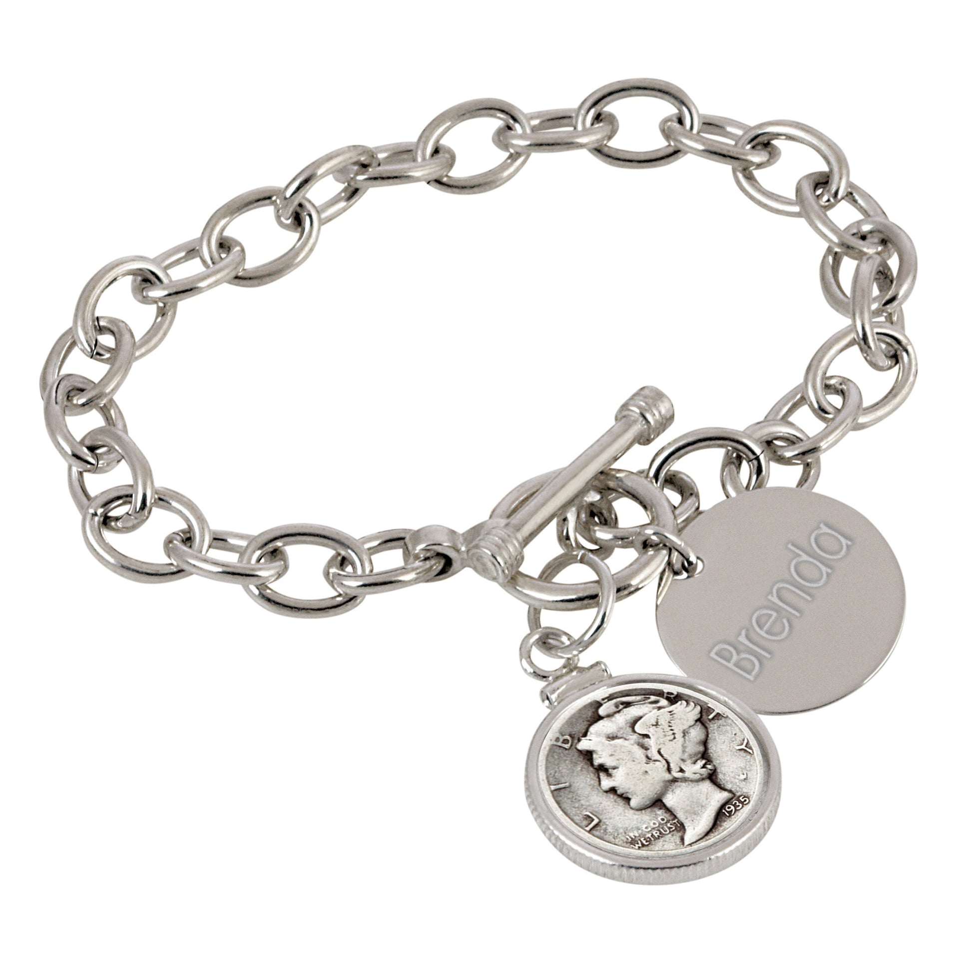 Mercury Dime Personalized Sterling Silver Toggle Bracelet