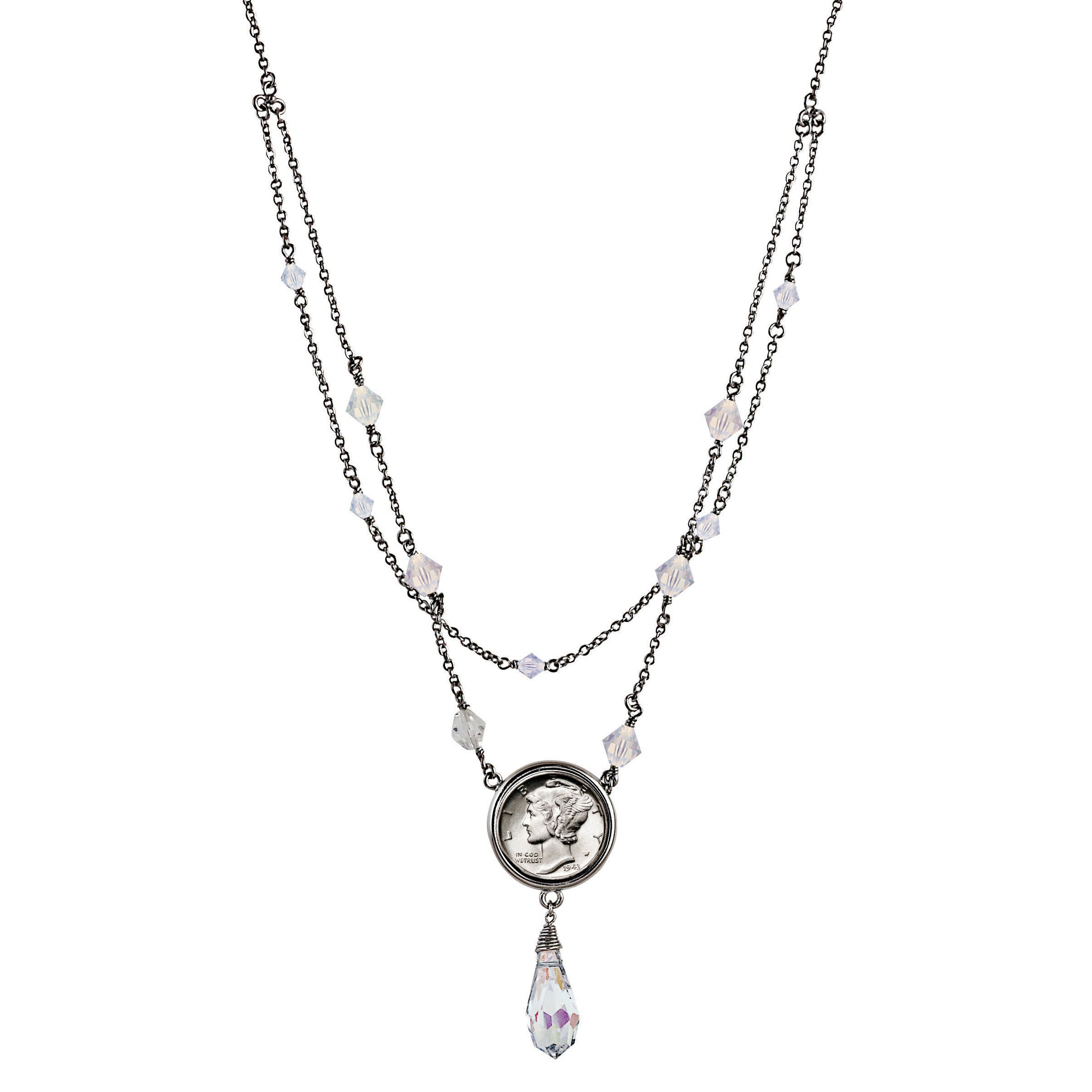 Double Strand Mercury Dime Aurore Boreale Crystal Beaded Drop Necklace