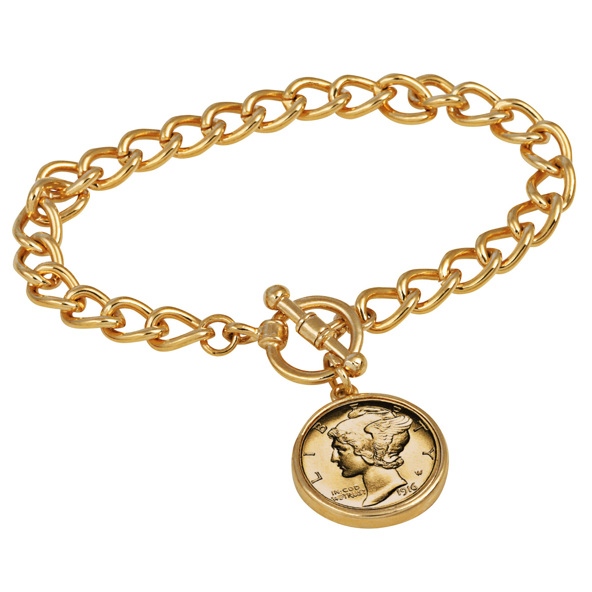 24KT Gold Plated Silver Mercury Dime Goldtone Coin Toggle Bracelet