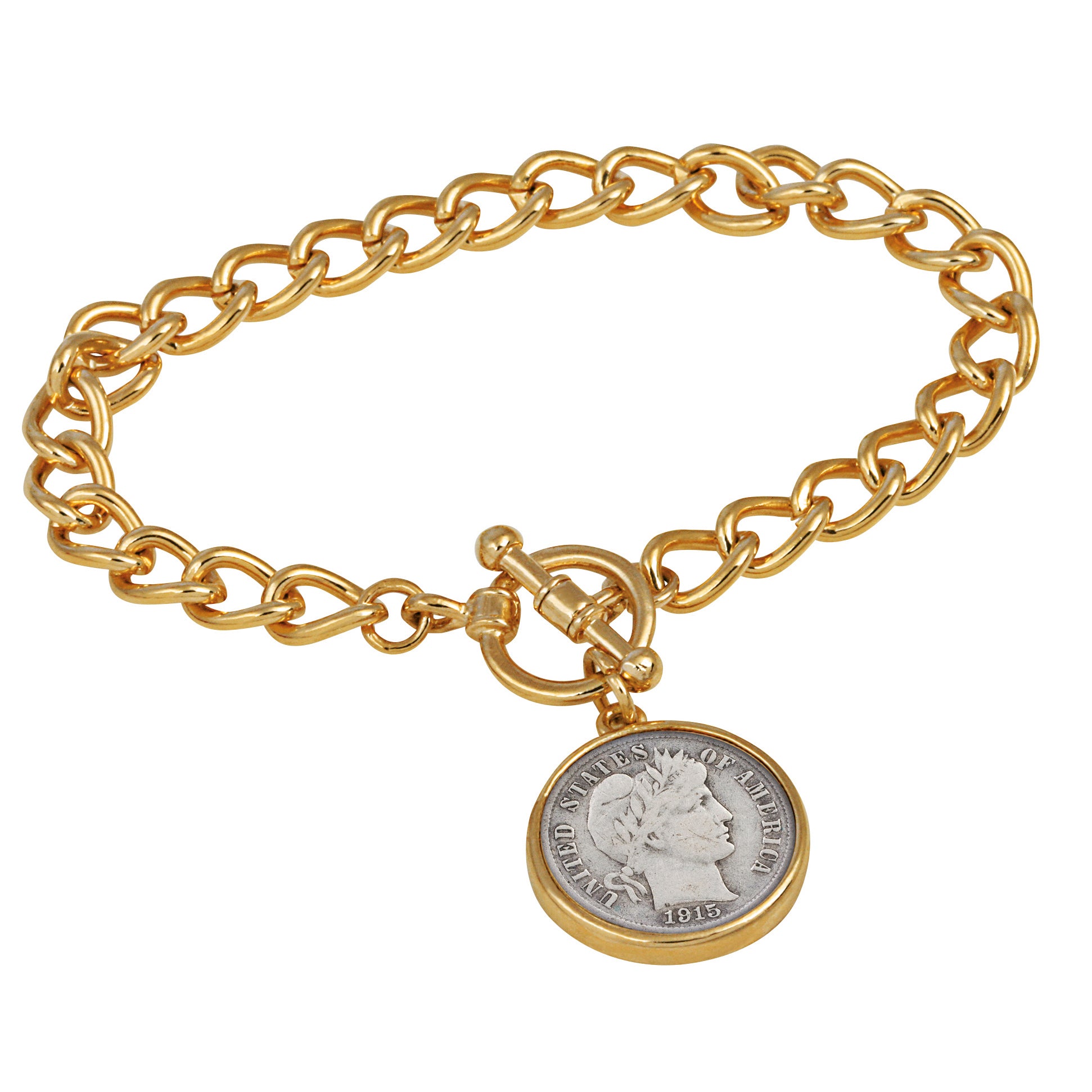 Silver Barber Dime Goldtone Coin Toggle Bracelet
