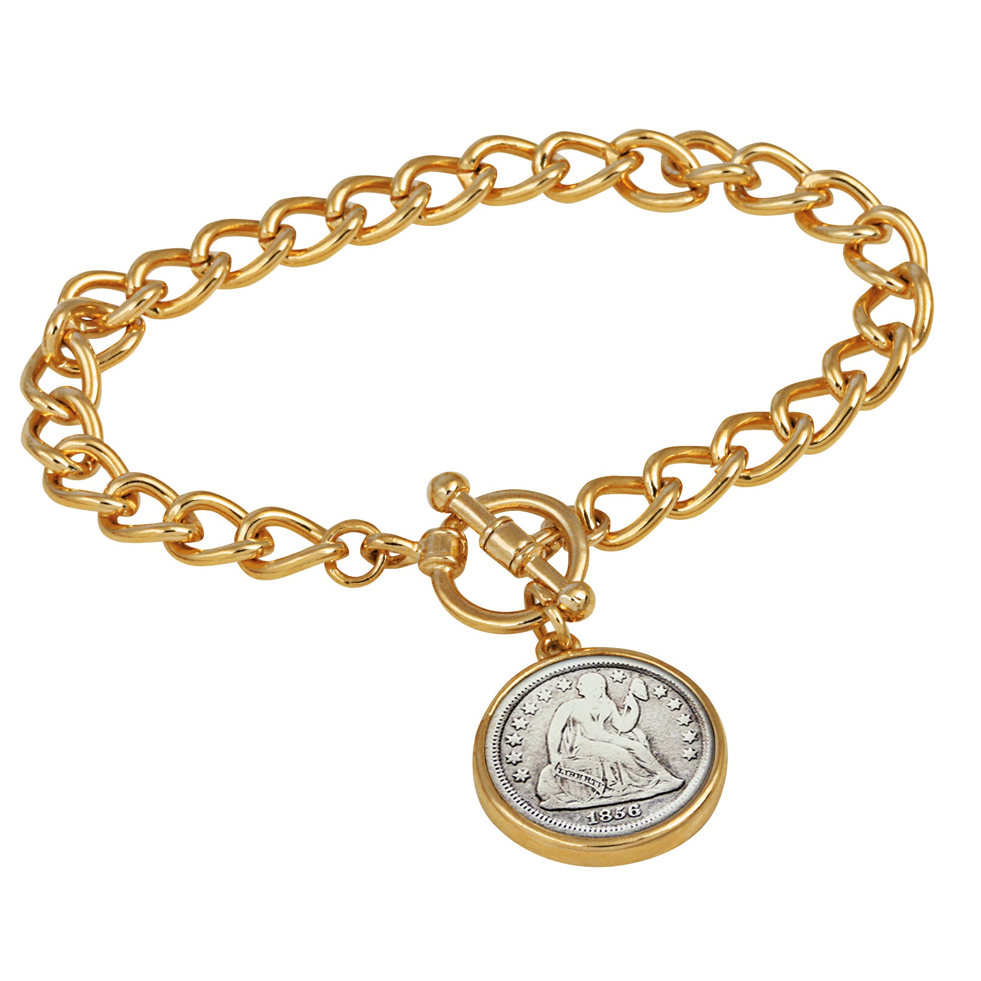 Silver Seated Liberty Dime Goldtone Coin Toggle Bracelet