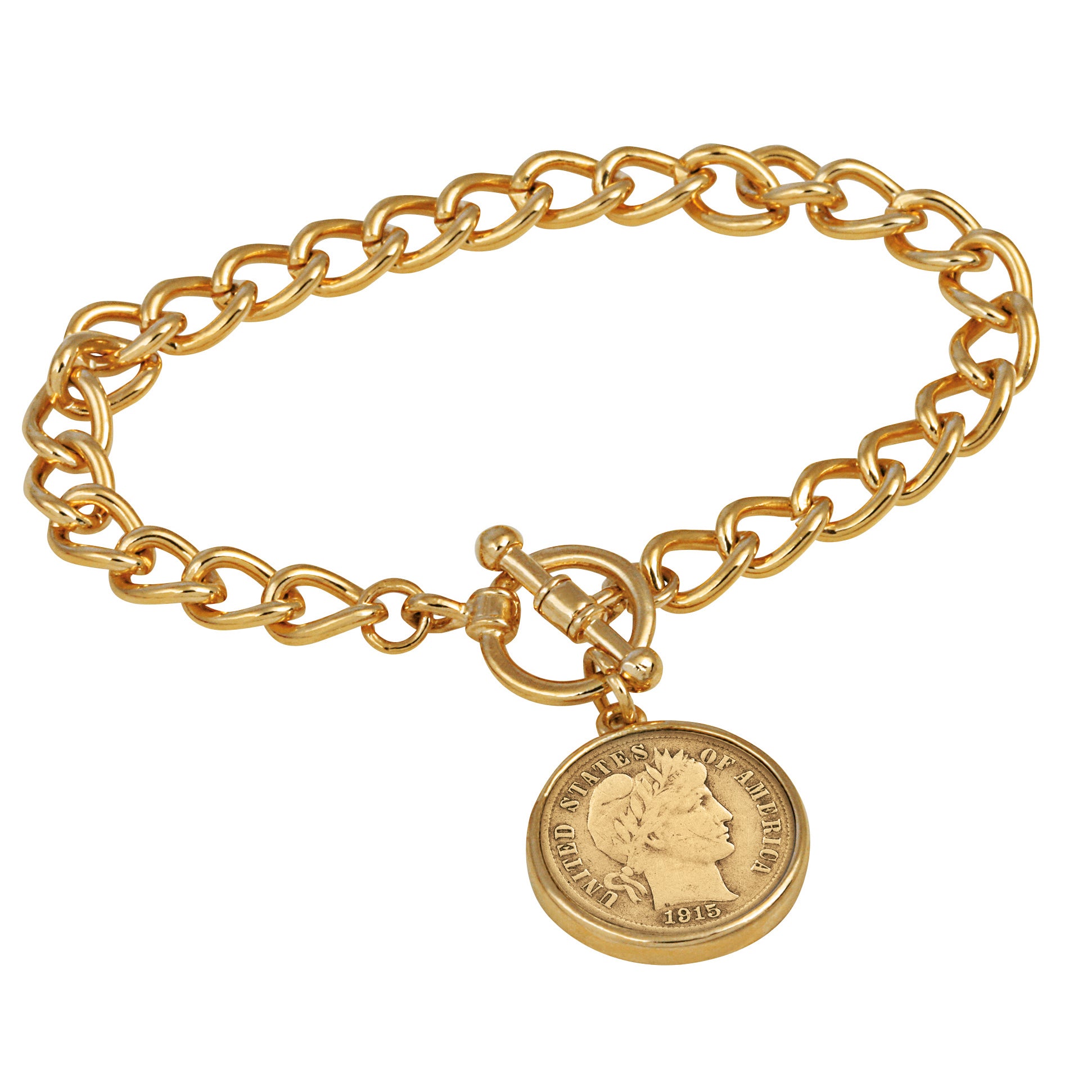 24KT Gold Plated Silver Barber Dime Goldtone Coin Toggle Bracelet