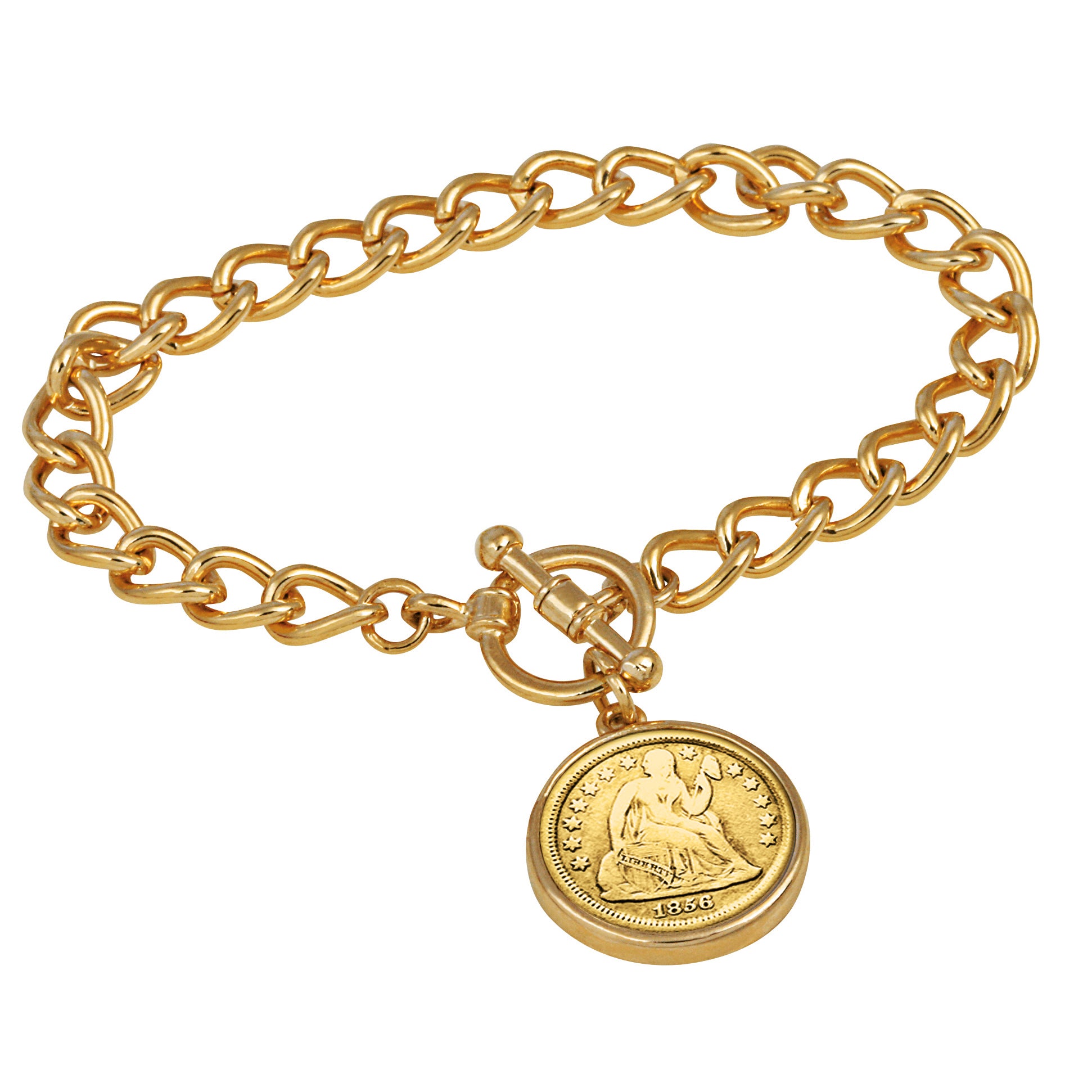 24KT Gold Plated Silver Seated Liberty Dime Goldtone Coin Toggle Bracelet