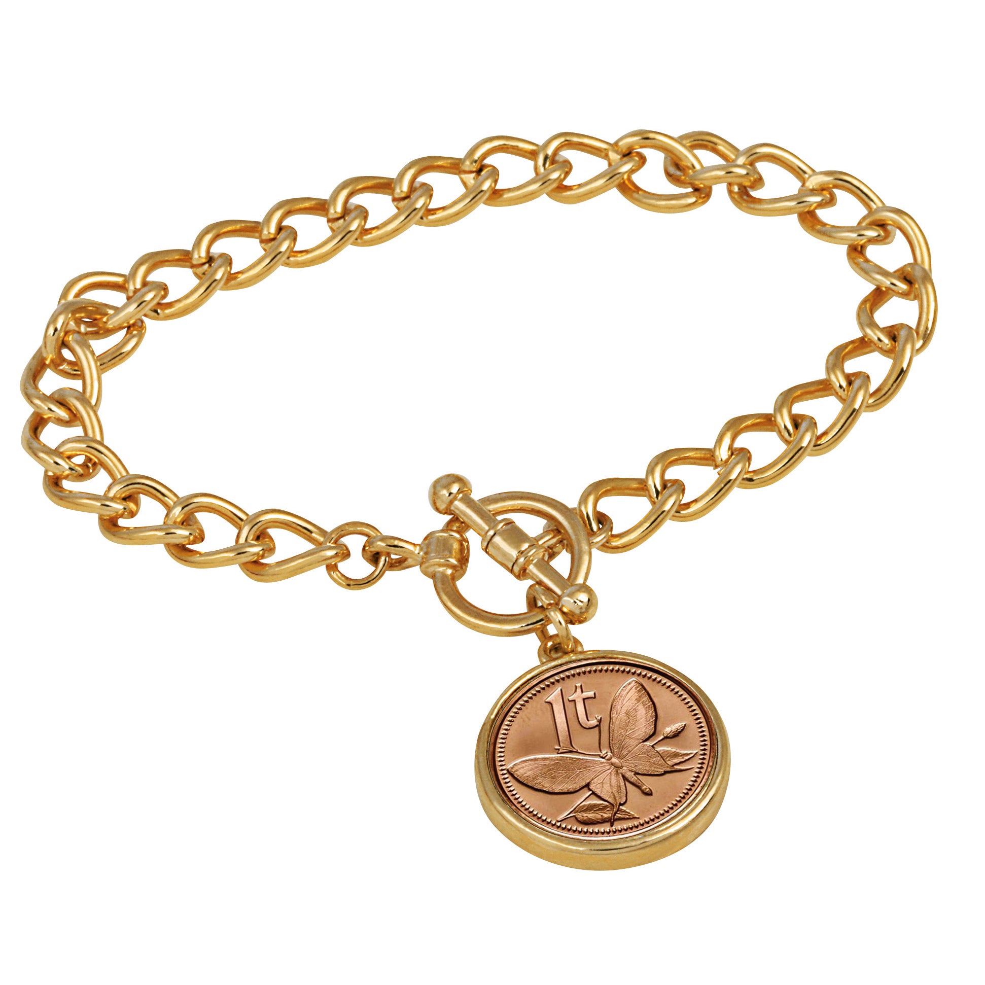 Butterfly Coin Goldtone Toggle Bracelet