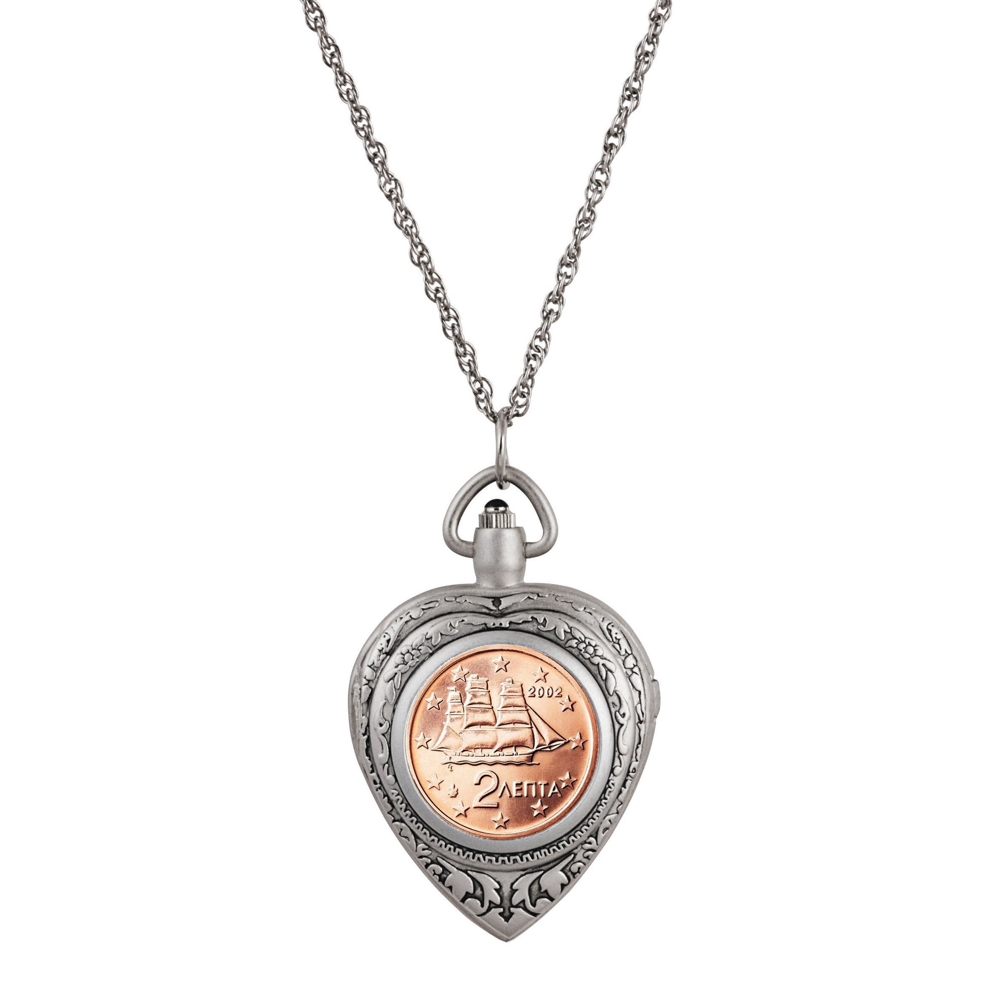 Greek 2 Euro Coin Heart Locket Pocket Watch Pendant