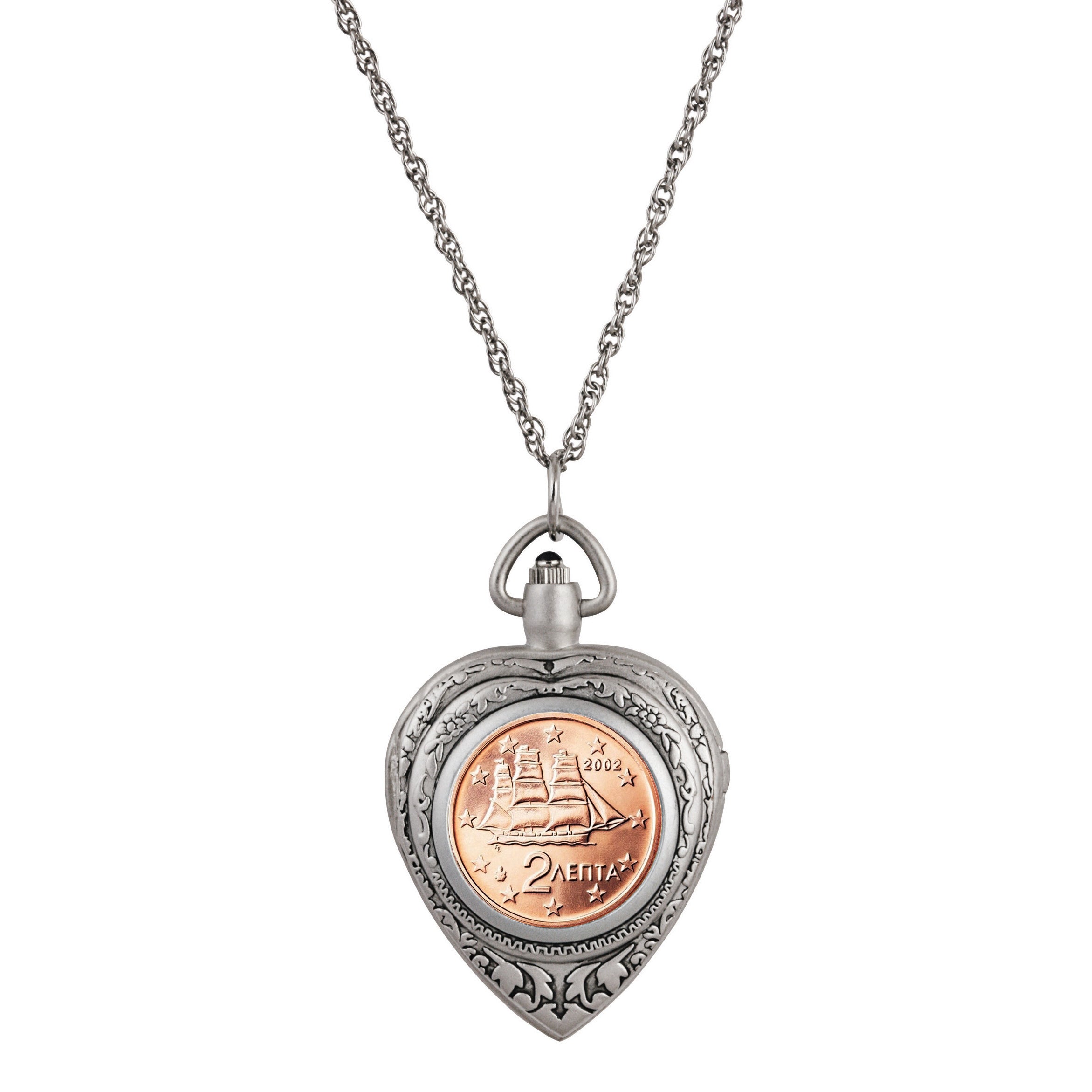 Greek 2 Euro Coin Heart Locket Pocket Watch Pendant