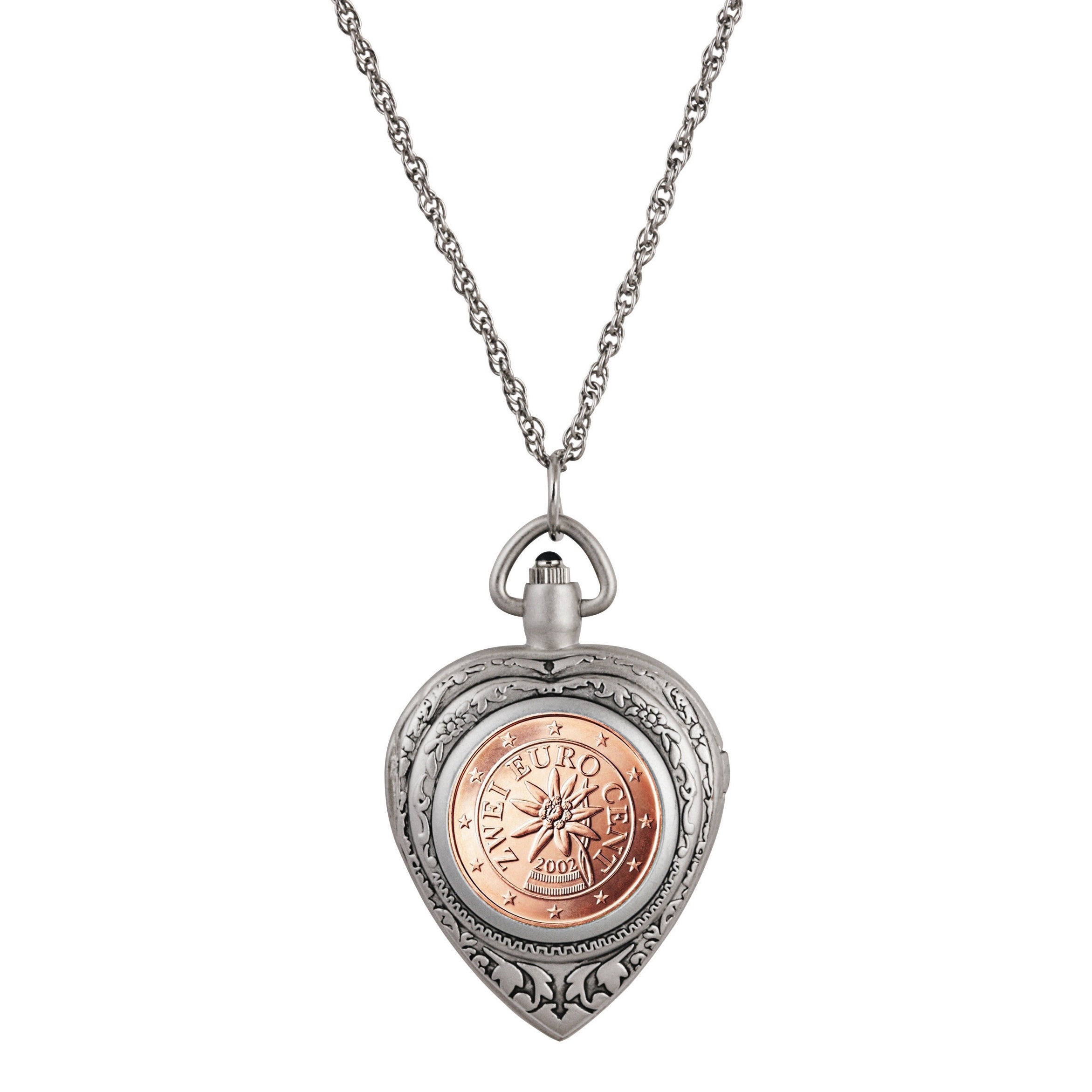 Austrian 2 Euro Coin Heart Locket Pocket Watch Pendant