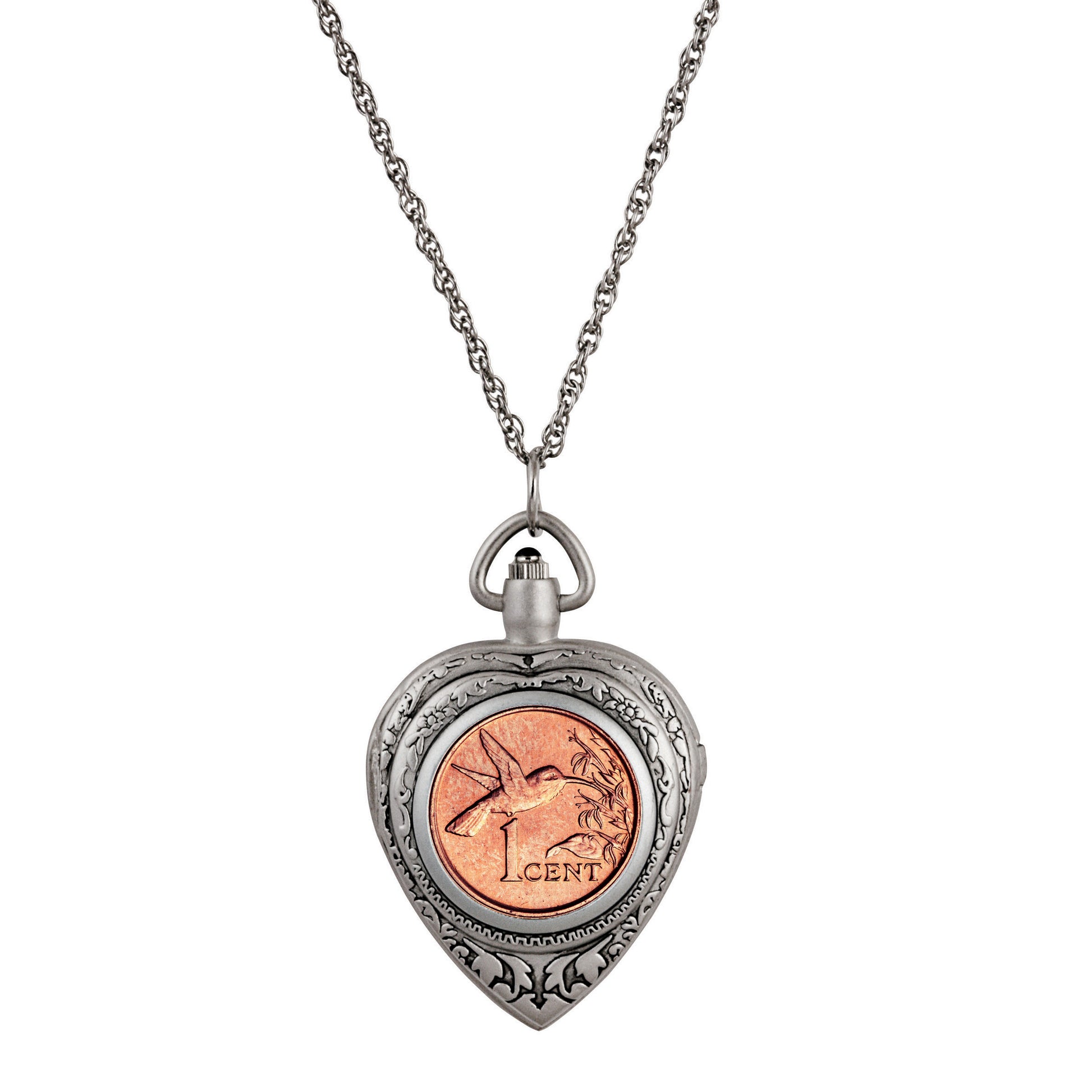 Hummingbird Coin Heart Locket Pocket Watch Pendant