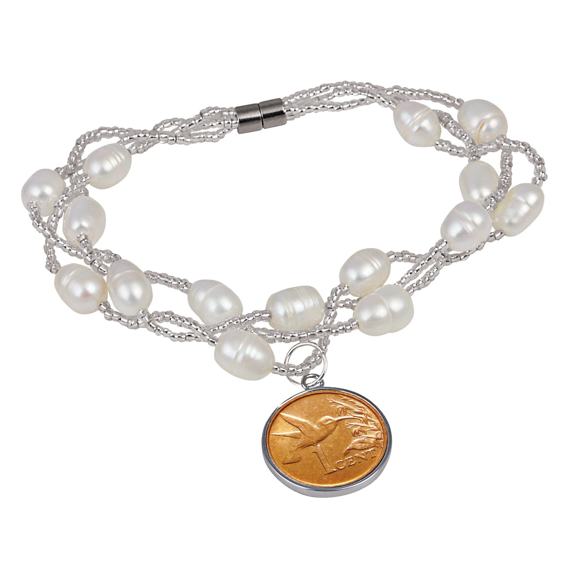 Hummingbird One Cent Freshwater Pearl Magnetic Closure Coin Bracelet