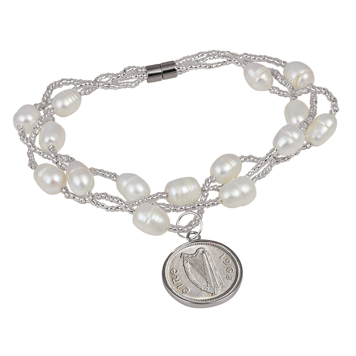 Irish Three Pence Freshwater Pearl Magnetic Closure Coin Bracelet