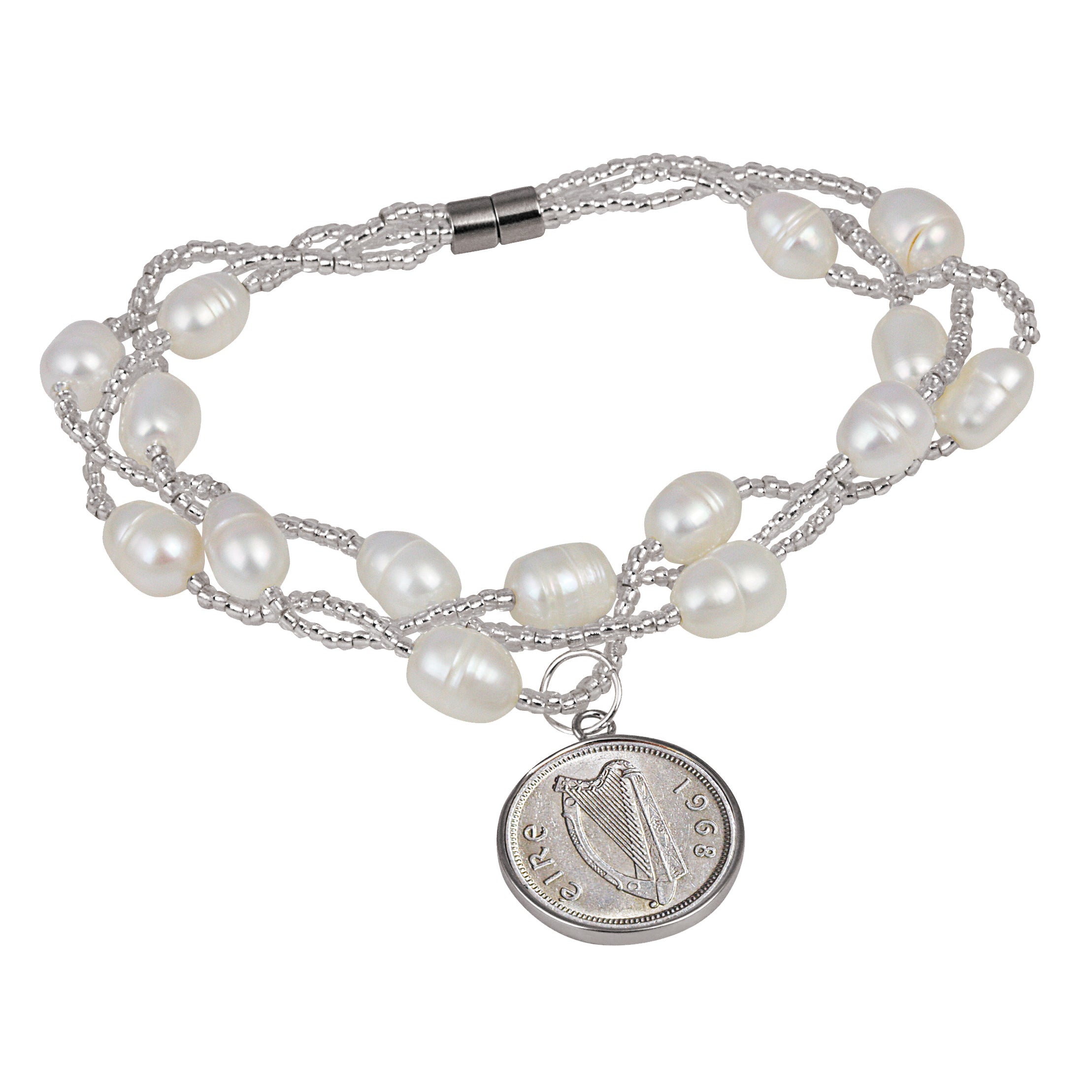 Irish Three Pence Freshwater Pearl Magnetic Closure Coin Bracelet