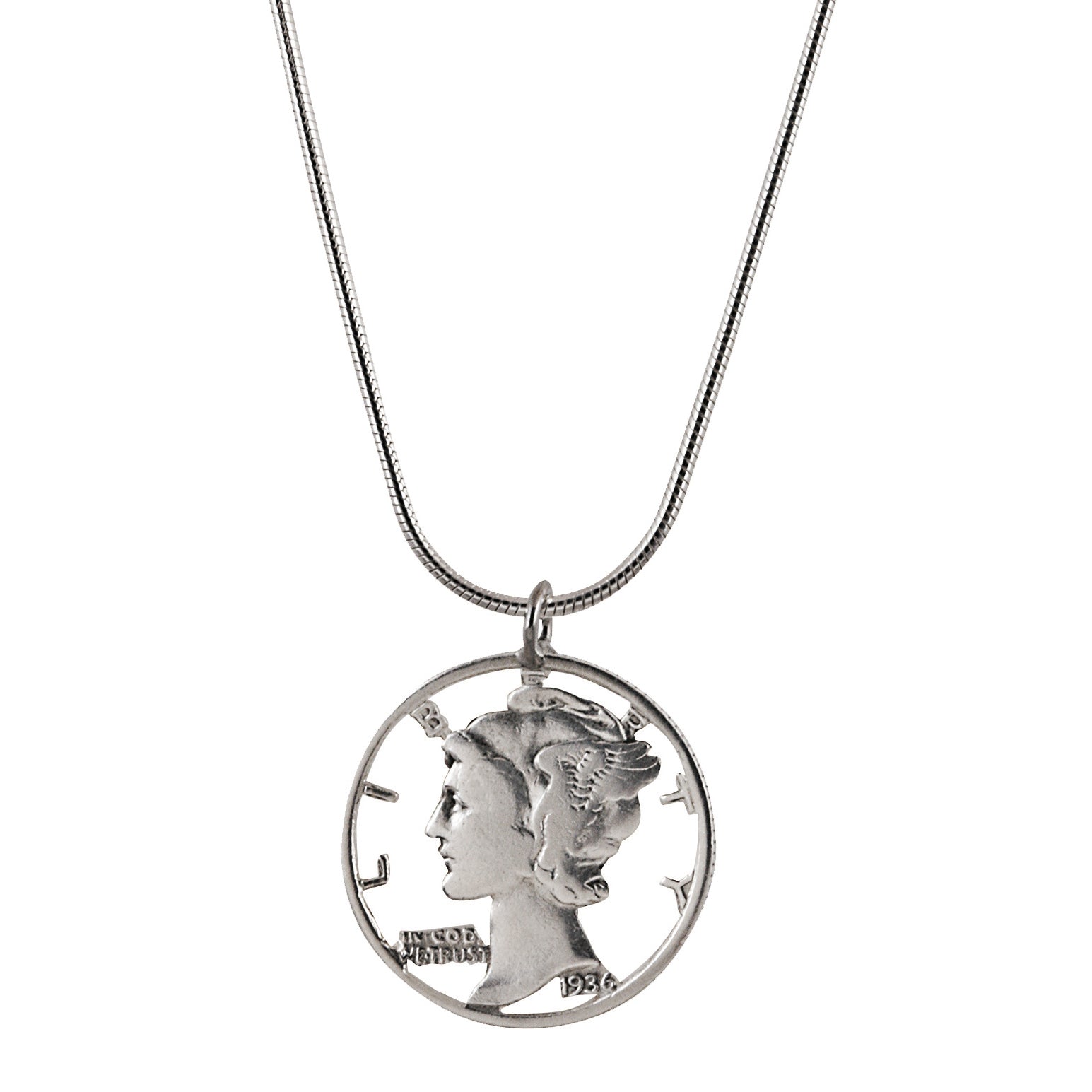 Silver Mercury Dime Hand Cut Coin Sterling Silver Necklace
