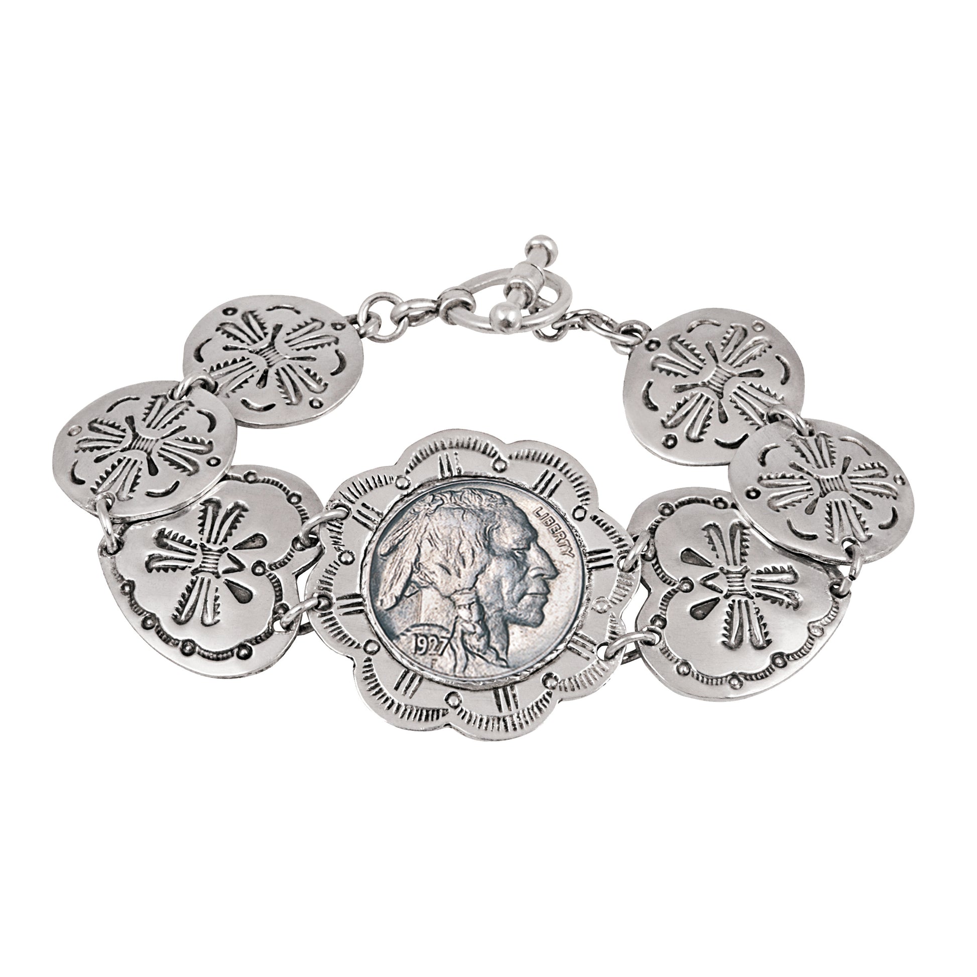 Buffalo Nickel Western Toggle Silvertone Coin Bracelet