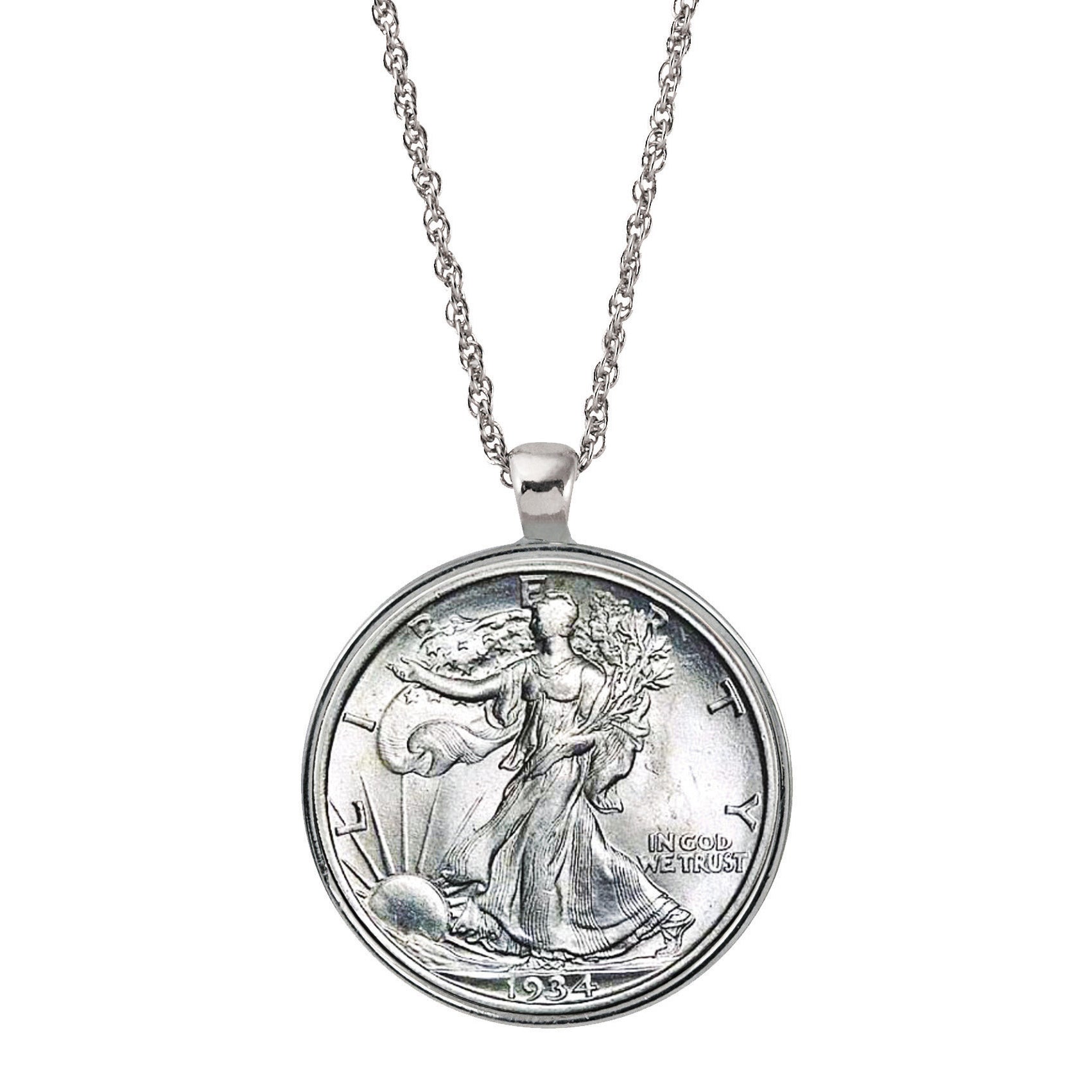 Silver Walking Liberty Half Dollar Coin Silvertone Pendant