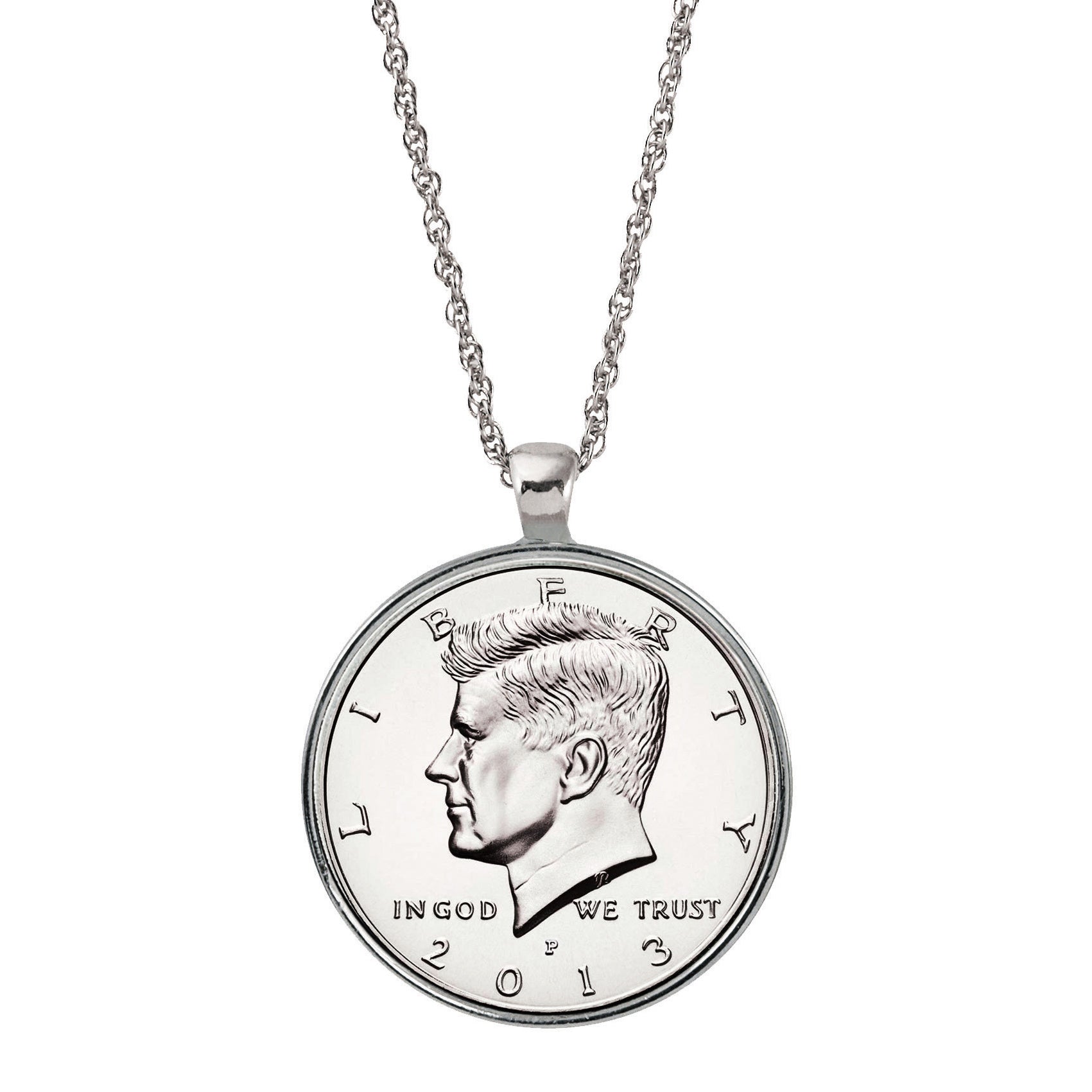 JFK Half Dollar Coin Silvertone Pendant