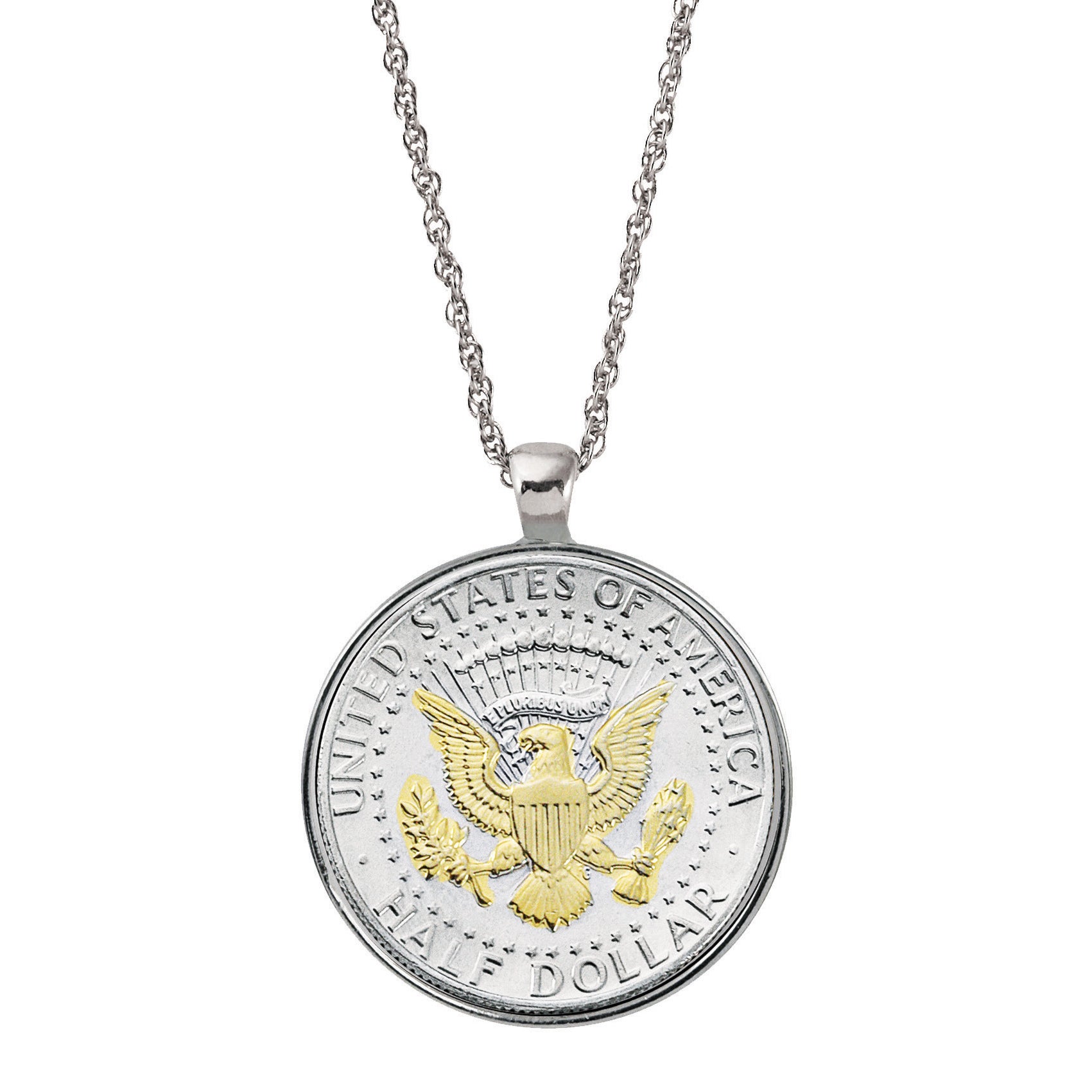 Selectively Layered in Gold Presidential Seal Half Dollar Coin Silvertone Pendant